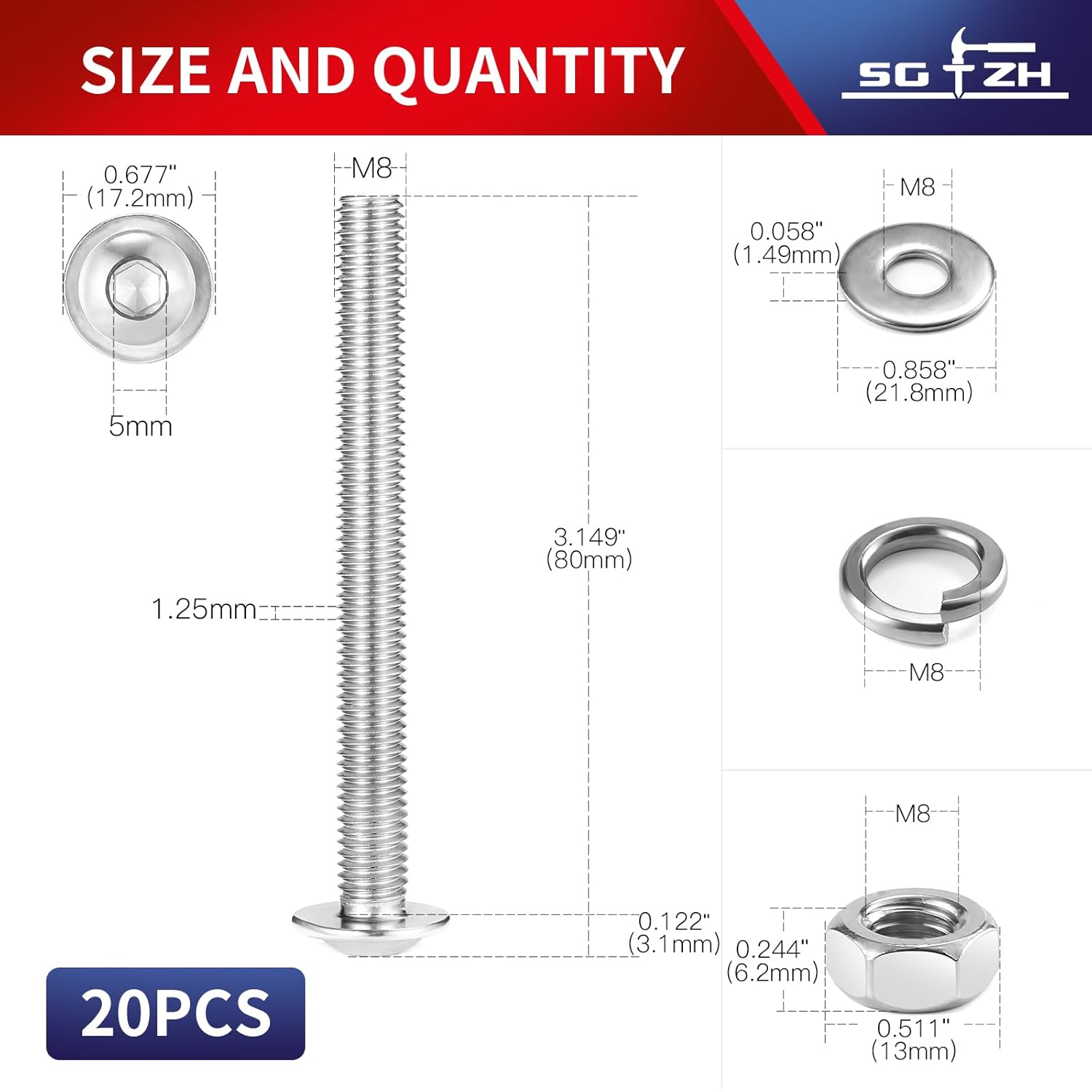 M8 x 80mm Flanged Button Head Socket Cap Screws Bolts, Nuts, Flat & Lock Washers, 20Pcs 18-8 (304) Stainless Steel, Bright Finish, Fully Threaded, by SG TZH (with Hex Spanner)