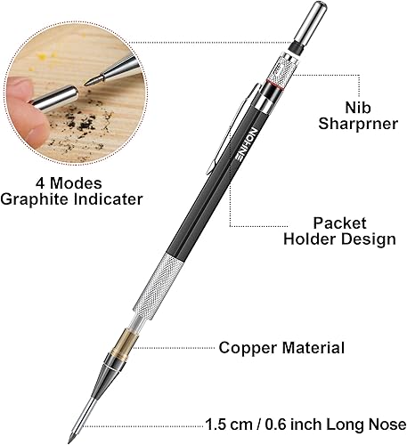 Miniatura 4 de Enhon Juego de lápices de carpintero mecánico de 0.079 pulgadas con 12 recambios de marcadores y sacapuntas, herramienta de marcado de carpintería