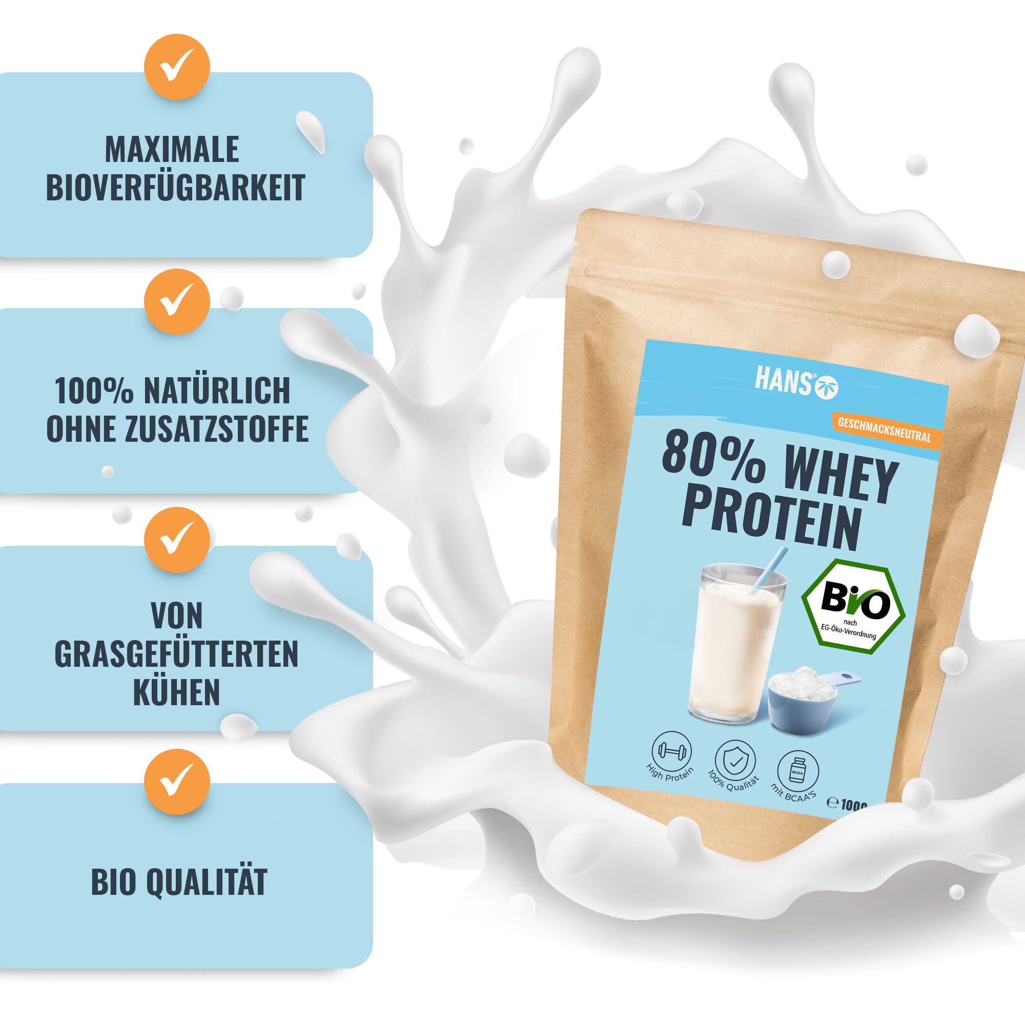 HANS Brainfood 80% Bio Whey Protein Pulver Neutral 1kg von Kühen aus Bayern ohne Zuckerzusatz - Eiweißpulver, Whey, Eiweiss Protein Pulver - 100% reines Bio Molke-Protein