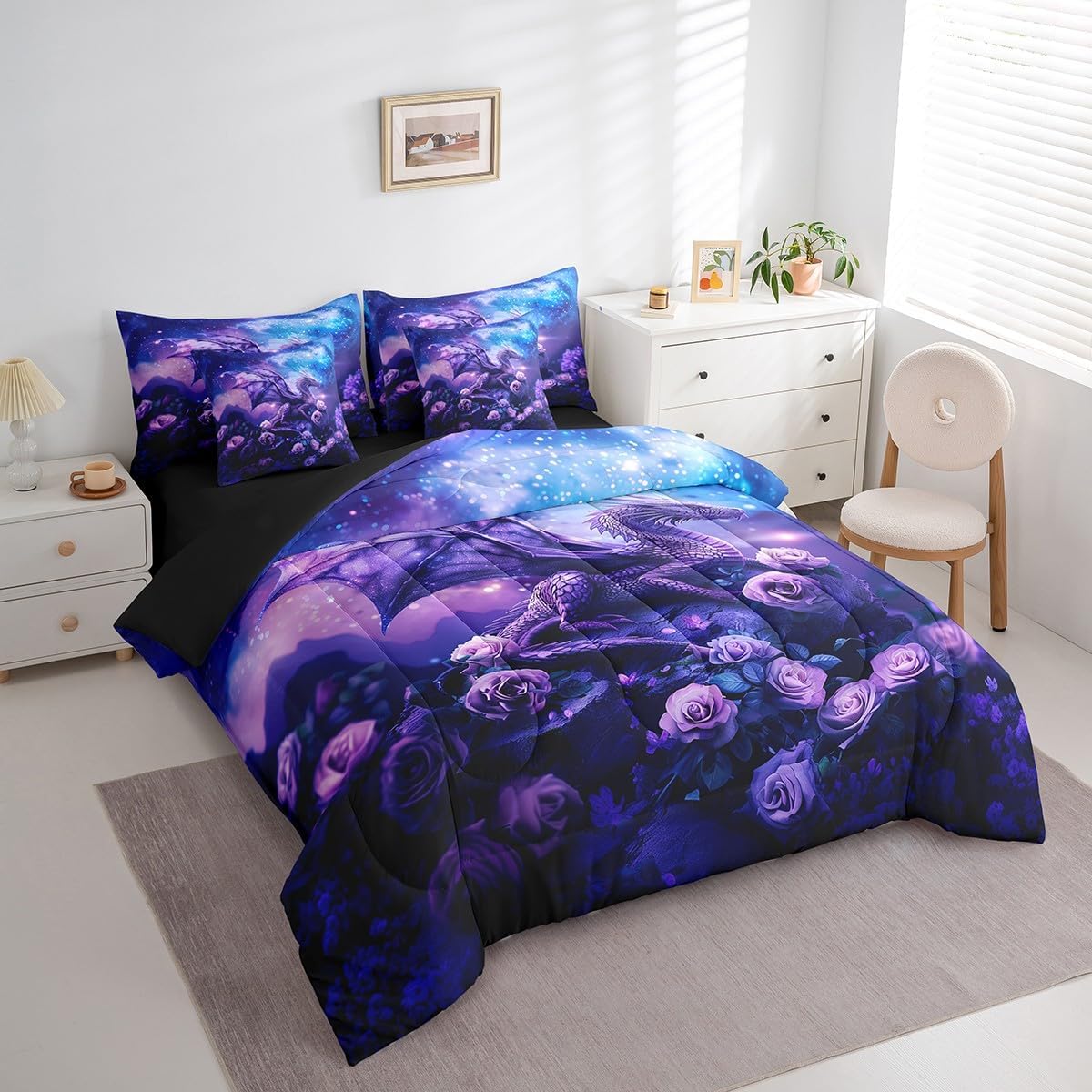 Queen Size 7 Piece Bedding Sets Rose Dragon Comforter Set Starry Sky Animal Bed Sheet Purple Reversible Printed Quilt Set + Flat Sheet + Fitted Sheet + 2 Pillowcase + 2 Throw Pillow Covers