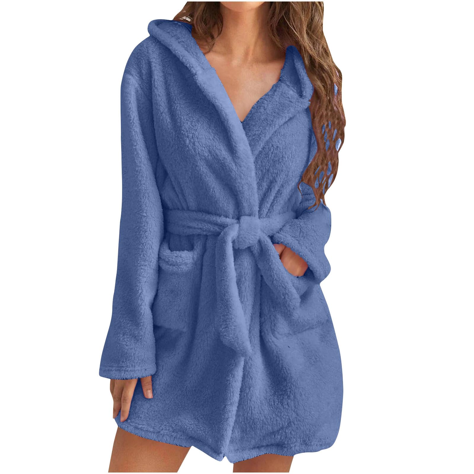Fuzzy Robe for Women Mid Length Hooded Bathrobe Belted Solid Color Plush Kimono Robe Soft Winter Spa Robes