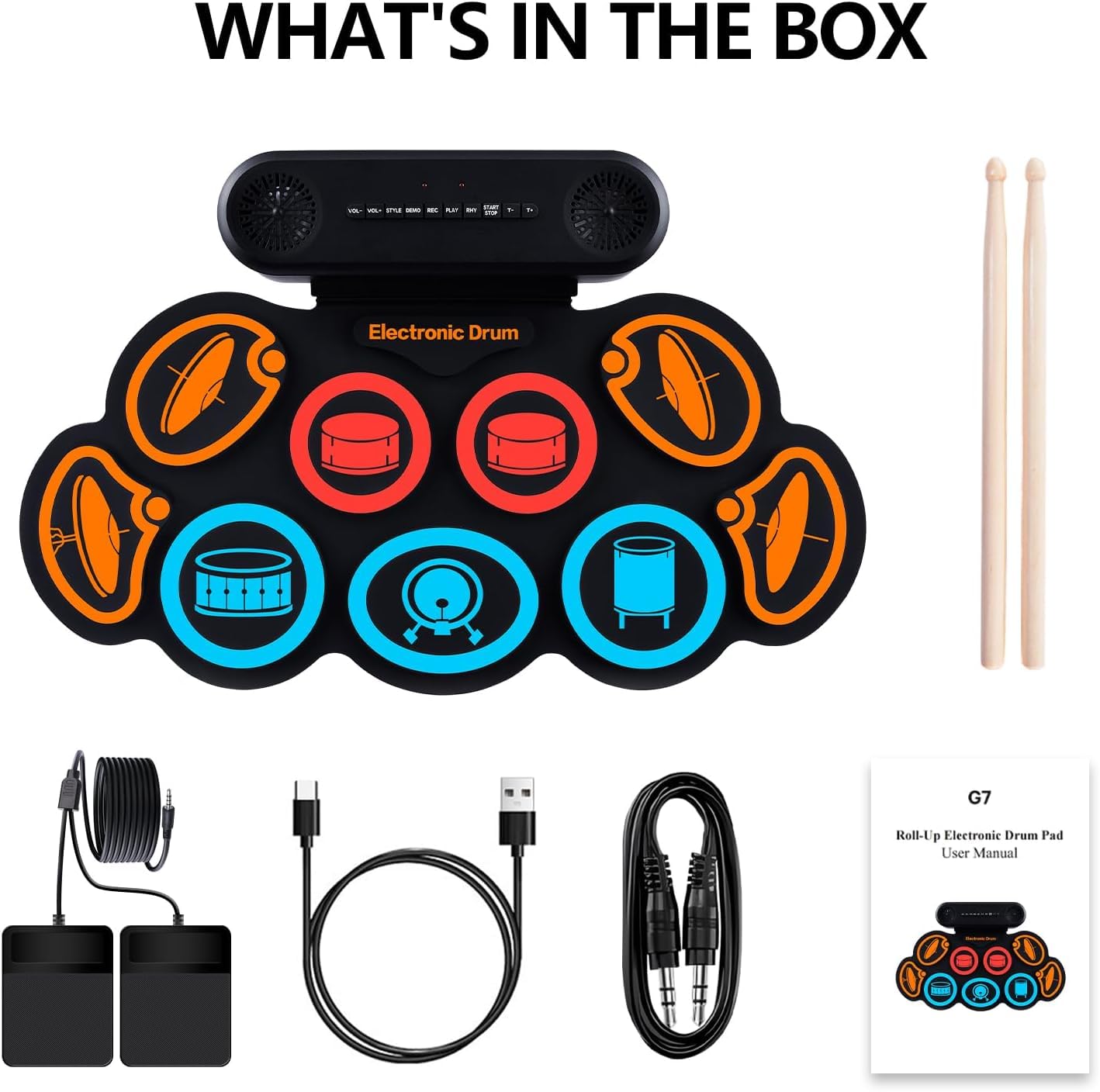 Schlagzeug Elektronisch, 9 Pads Rolling Electric Drum Pad Kits Machine Mit KopfhöReranschluss, 10 Stunden Spielzeit, 2 Eingebaute Lautsprecher (Bunt)