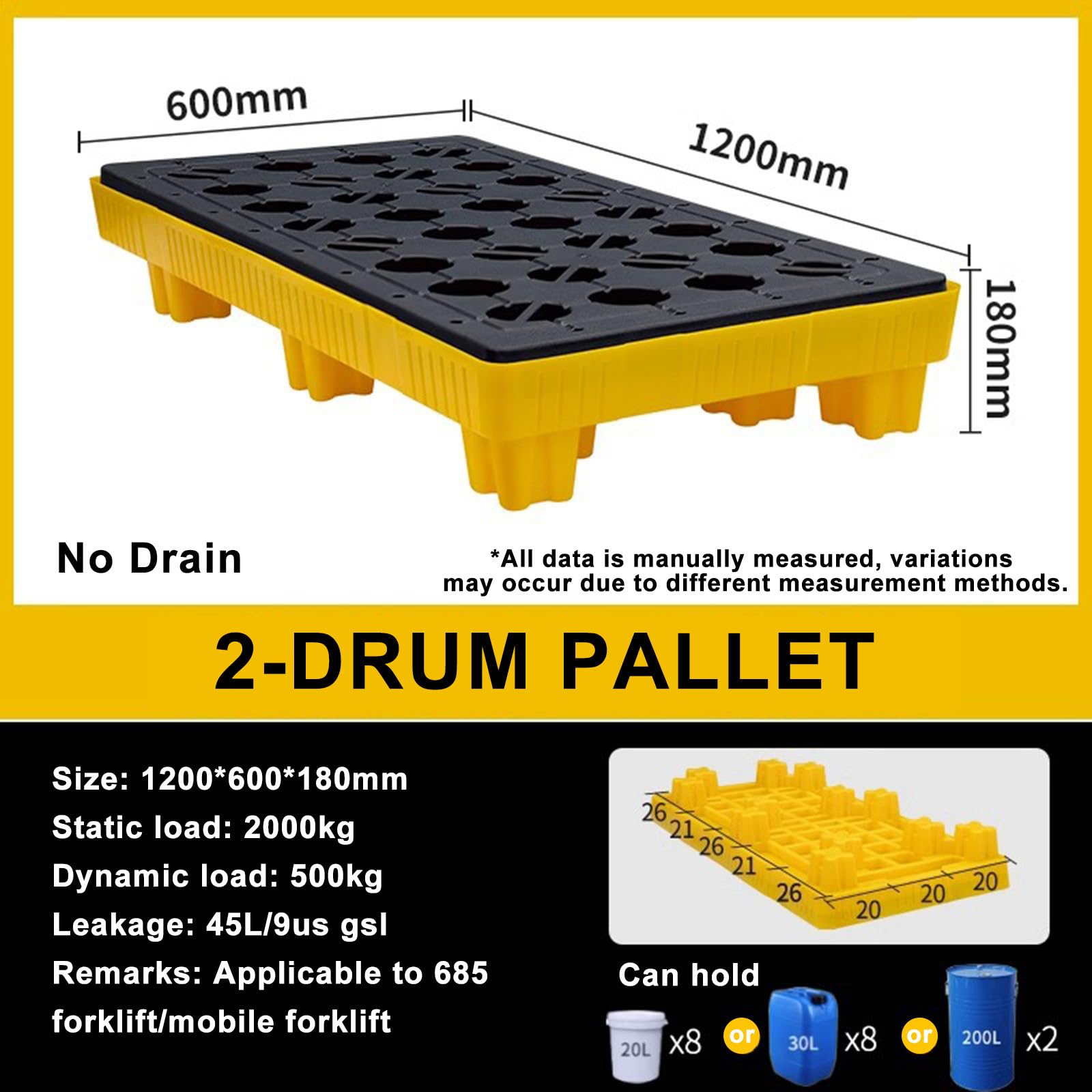 Générique Bac de rétention Extra-Plat avec Drain - Palette en Plastique empilable pour Garage, Cuisine, sous-Sol et Stockage Industriel - 120 x 60 x 18 cm - Solution Anti-déversement Durable