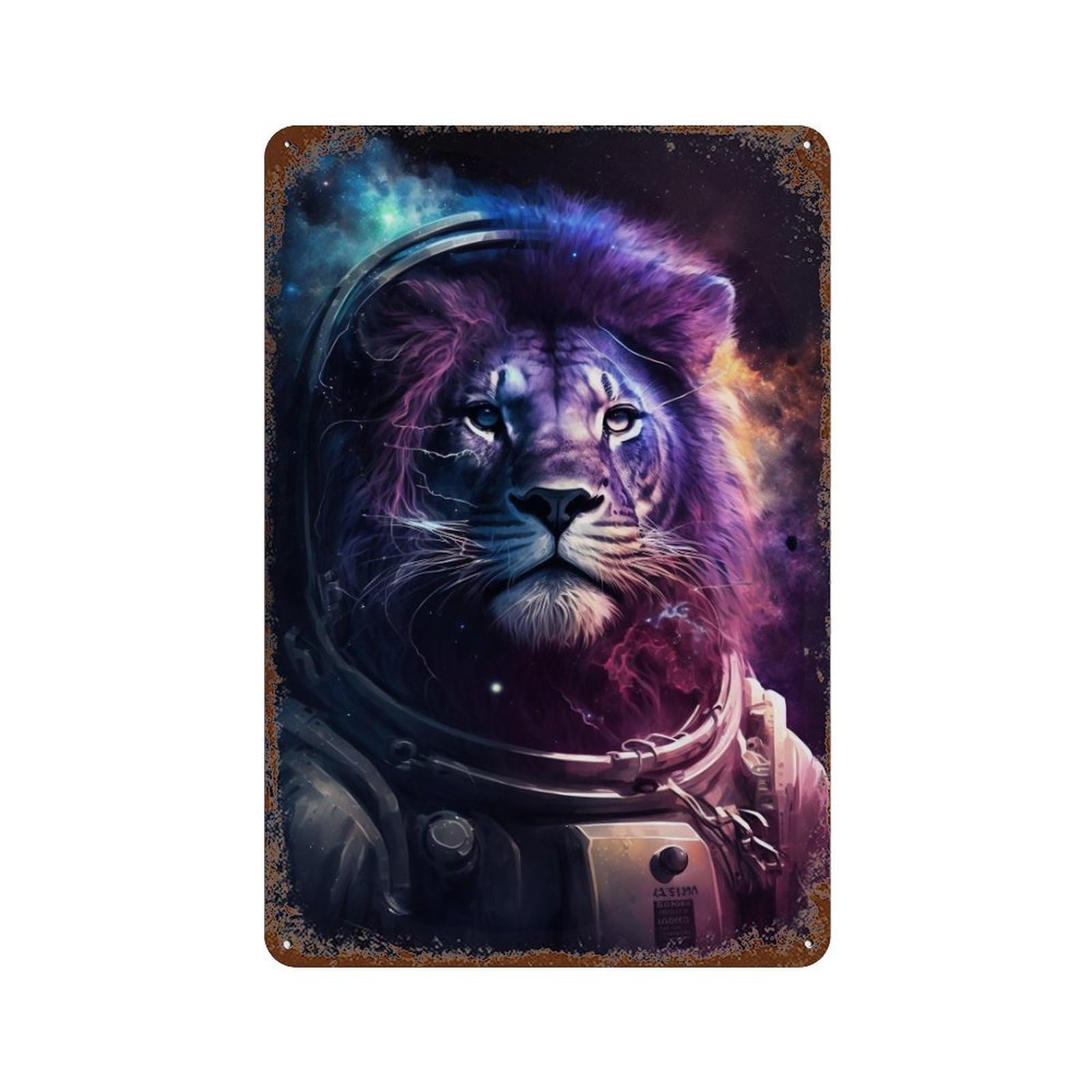 Garage Style Cosmic Lion Astronaut Art Print Aged Metal Wall Plaque 11.8"x7.9", Novelty Wall Decor for Bar And Workshop