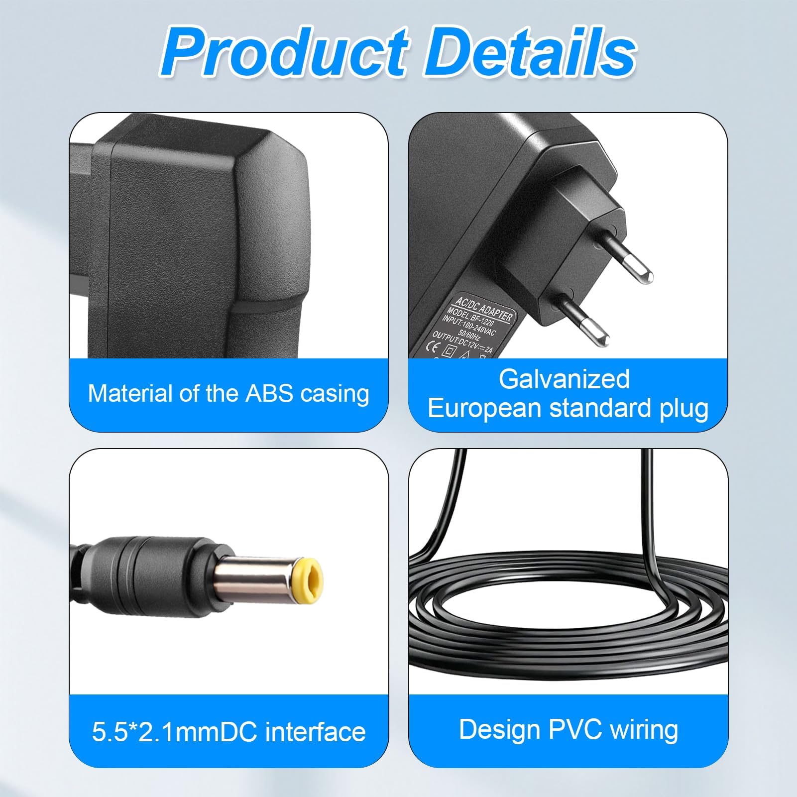 12V 2A 24W Transformador Fuente de Alimentación Universal 5,5x2,1 mm con 4 Enchufes 5,5x2,5mm, 4,0x1,7mm, 3,5x1,35mm y Conector LED, AC Cargador Alimentador Cable 2m para Router, Cámaras, Tiras LED — view 6