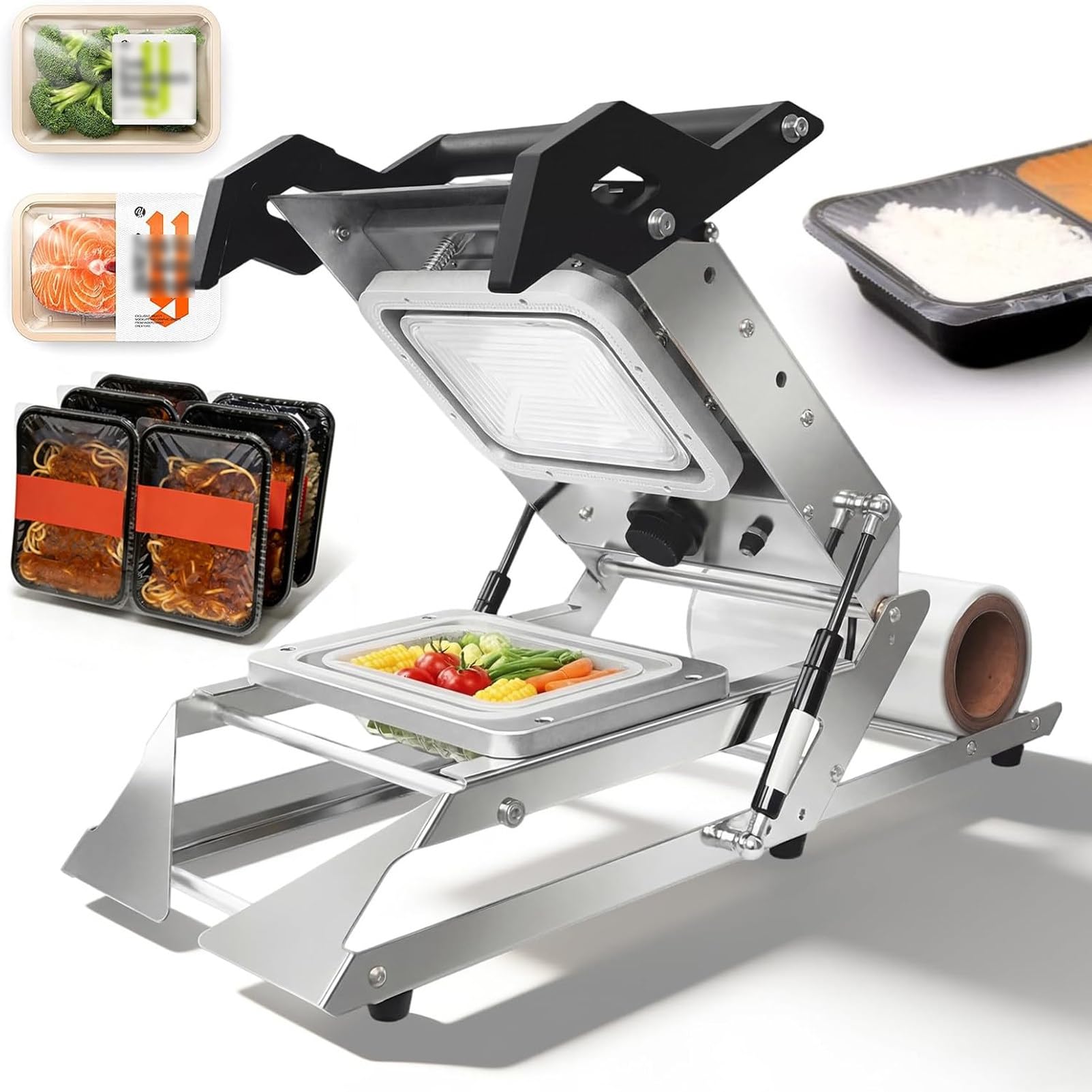 Ofyphth Commercial Tray Sealer, Manual Sandwich Tray Heat Sealer, 7~8 Times/Minute, Stainless Steel, for Vegetables, Steak & Takeaway Packaging. 22 * 16cm