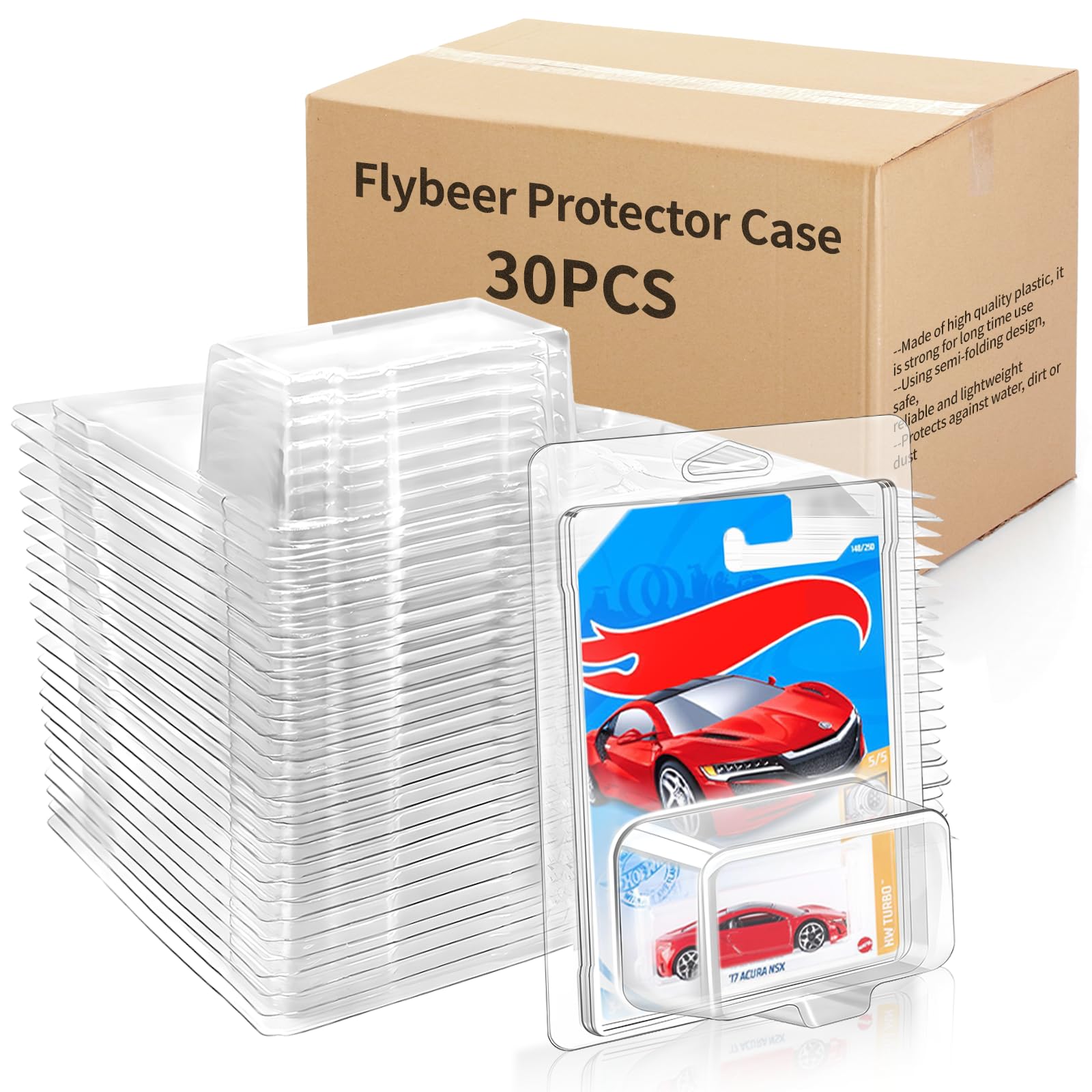 FUYITE 30 Pcs Protector Case Compatible with Hot Wheels Display Case Plastic Car Display Protective Case Model Car Clamshell Cases, Clear Die Cast Car Blister Pack Covers