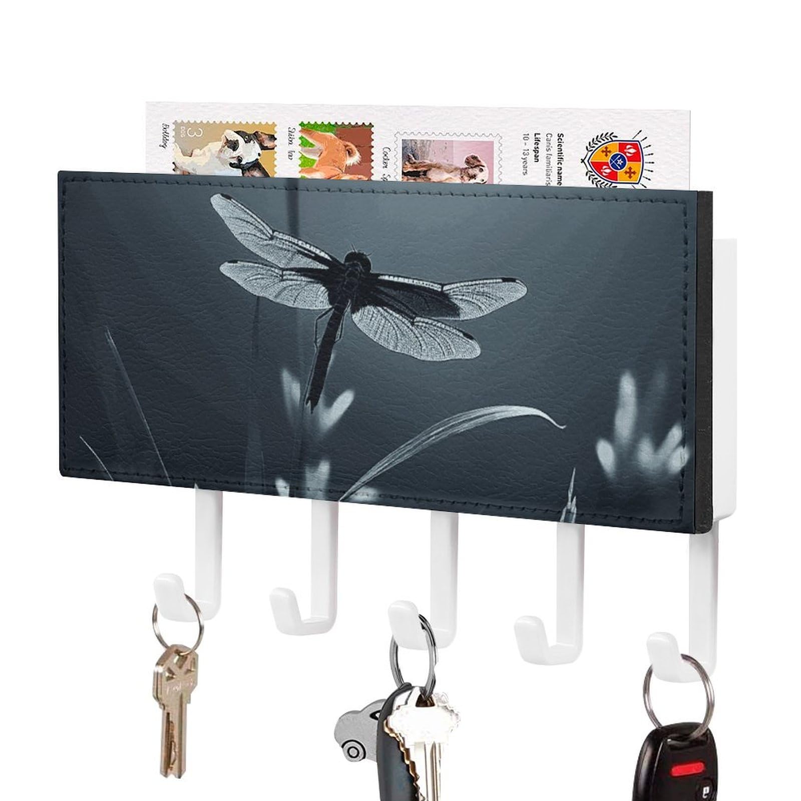 JTREHY Dragonfly Silhouette Holder Wall-Mounted Key and Mail Holder,Key Rack with 5Keys Hooks, Easy to Install Mail Organizer for Entryway, Front Door, Hallway, Office