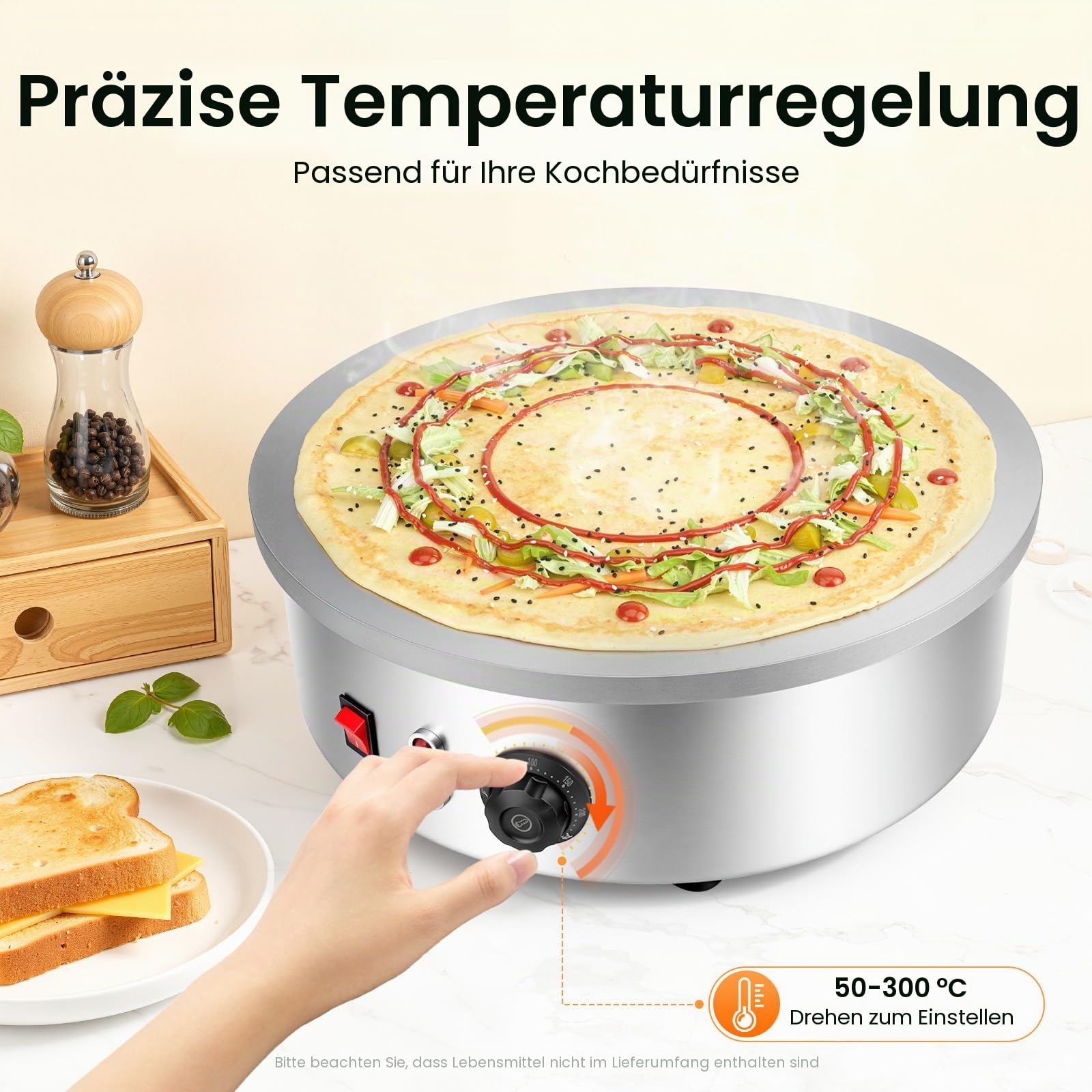 Crepes maker Große Backfläche mit 45cm Ø, 220V 3000 W Gewerbe Profi Crêpes Maker Machine Pfannkuchen Maker Antihaftbeschichtete Platte 50-300℃ Temperature für Crepes, Pancakes & Tortilla