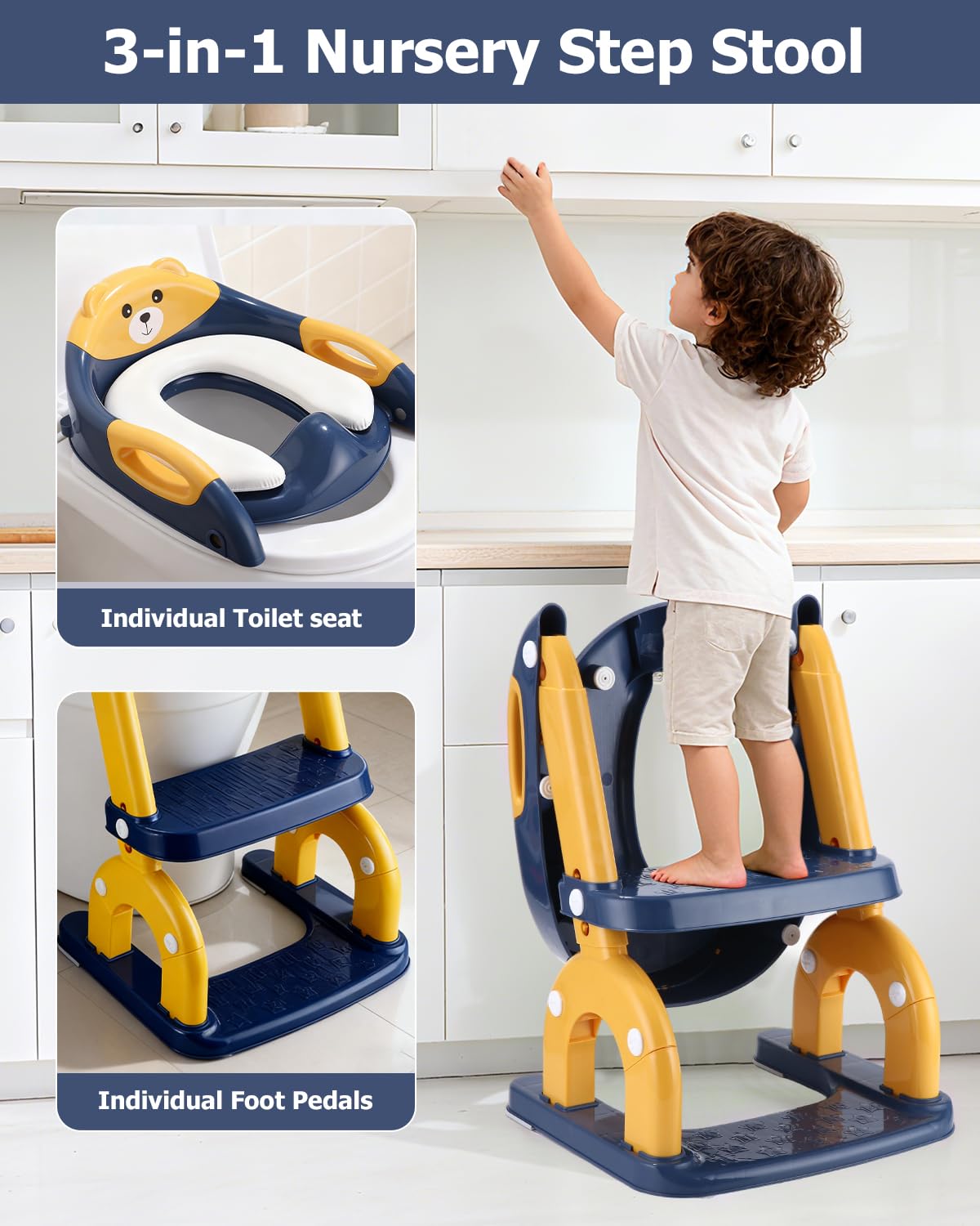 Siège de toilette pour enfant avec escalier - 2 en 1 - Avec siège rembourré - Hauteur réglable - Pliable - Marchepied antidérapant - Jaune