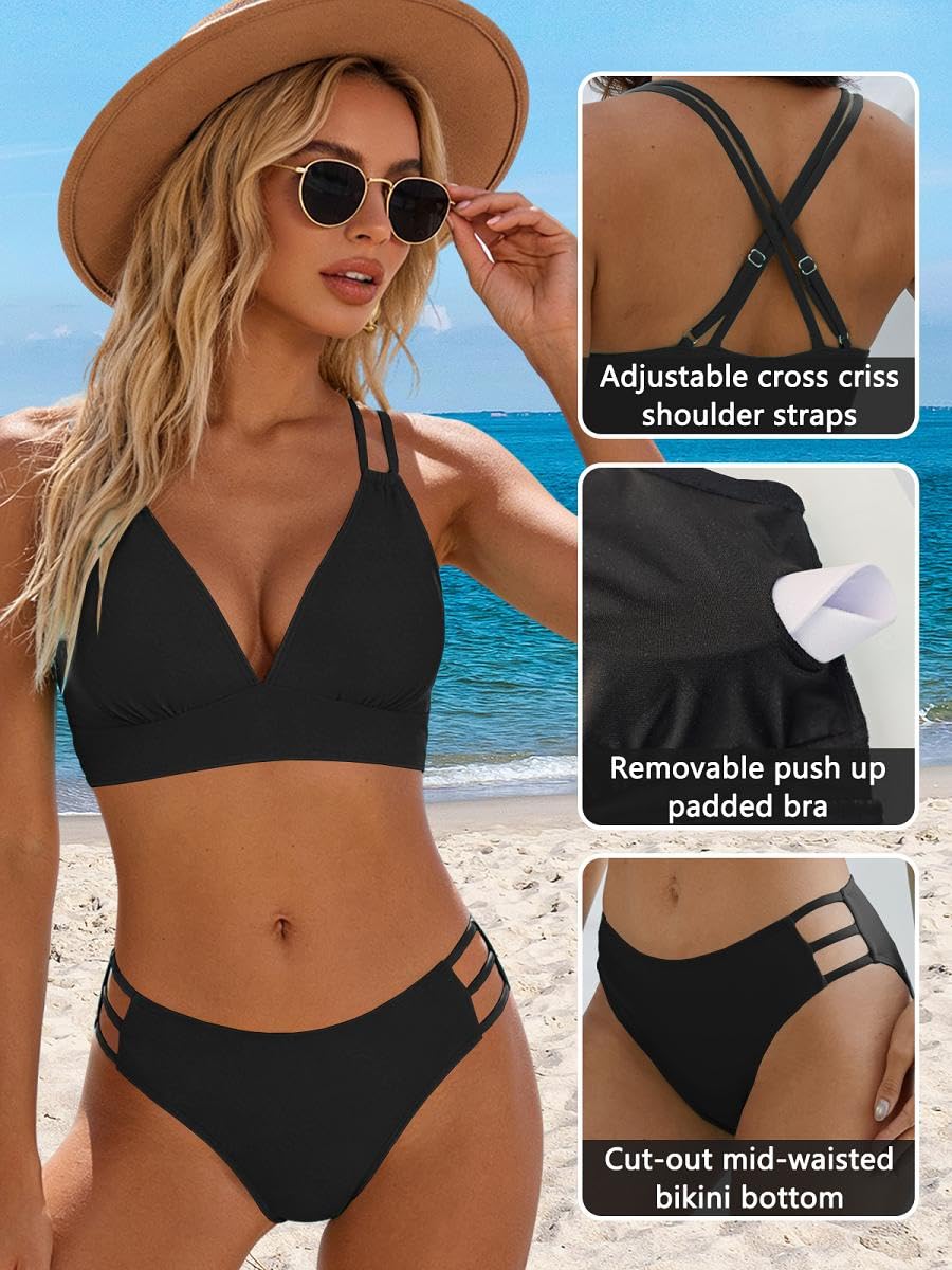 Mujer Bikini Sexy Traje de Baño 2 Piezas Cuello en V Bikinis Brasileño con Triángulo Bañadores Bikini Top y Braga Cintura Alta Conjunto de Bikinis Playa - 5