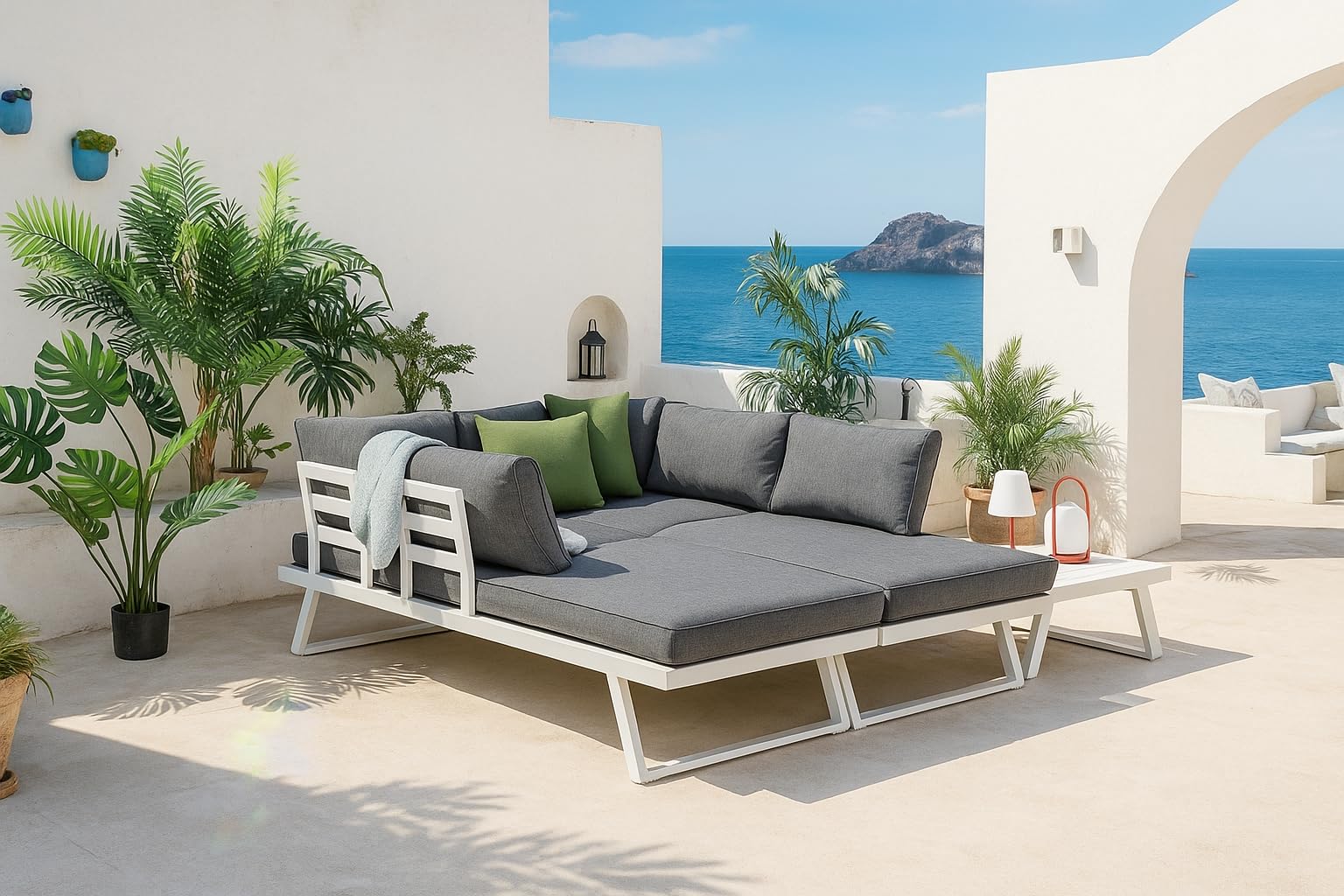 MOMMAHOME Conjunto Muebles de Jardín de exterior, Rinconera Convertible Multifunción Aluminio Blanco, Muebles para terraza/Exterior, Set de Aluminio con mesa de centro, Cojines tejido Gris | VALENCIA