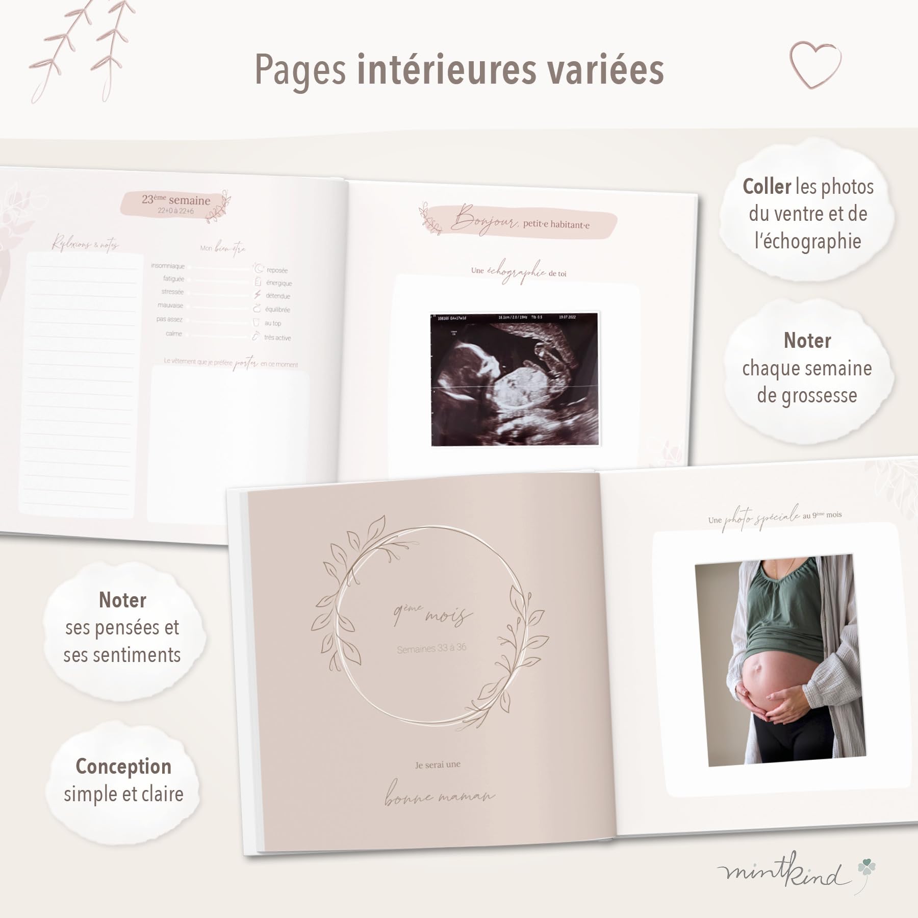 Mintkind® Journal de Grossesse – Journal à Remplir avec Couverture Rigide | Cadeau pour femmes enceintes et Futures Mamans | Album Photo Souvenir de Grossesse & Bébé