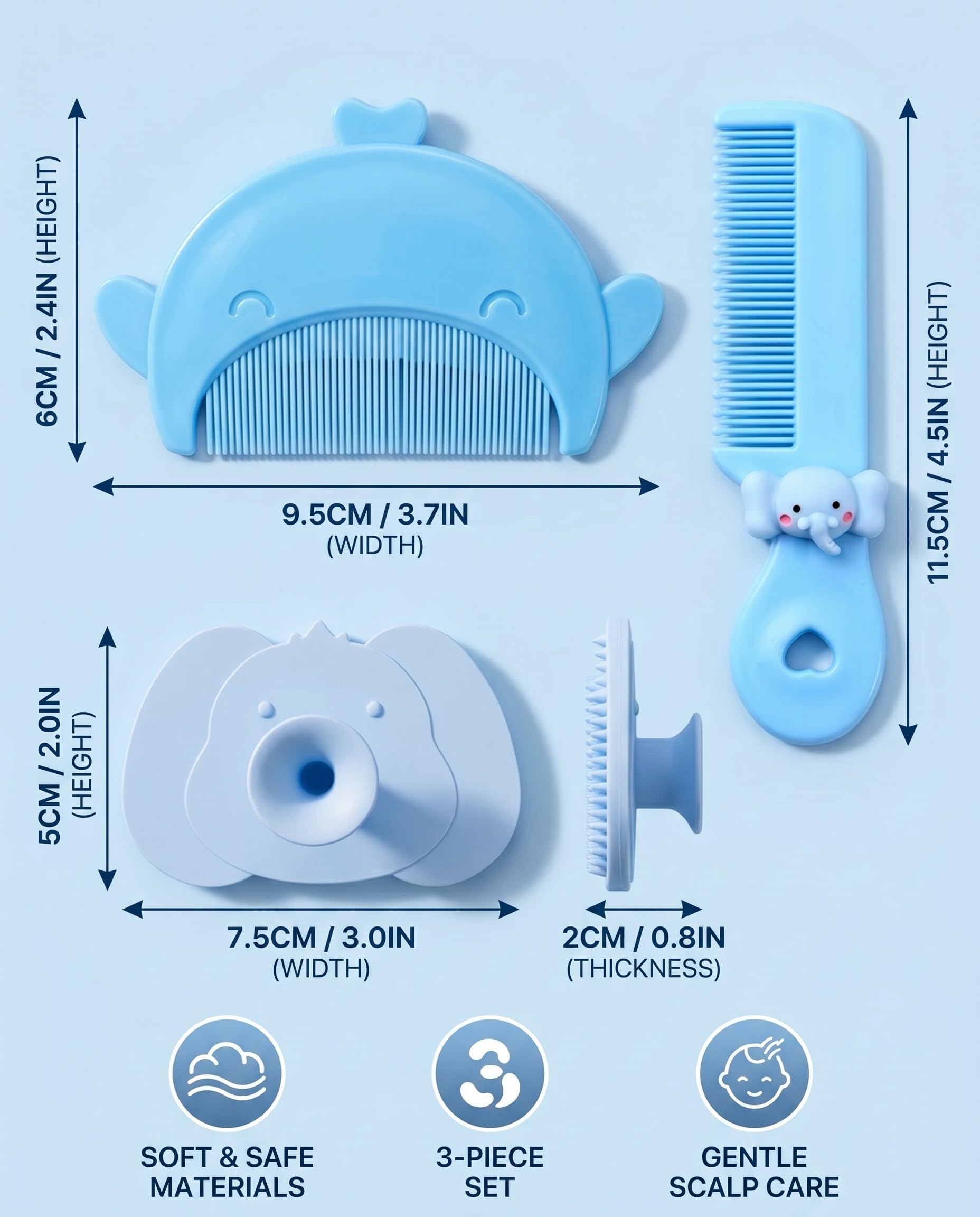 3 pezzi spazzola da bagno e pettine neonato, silicone, contro crosta lattea, per neonati, blu