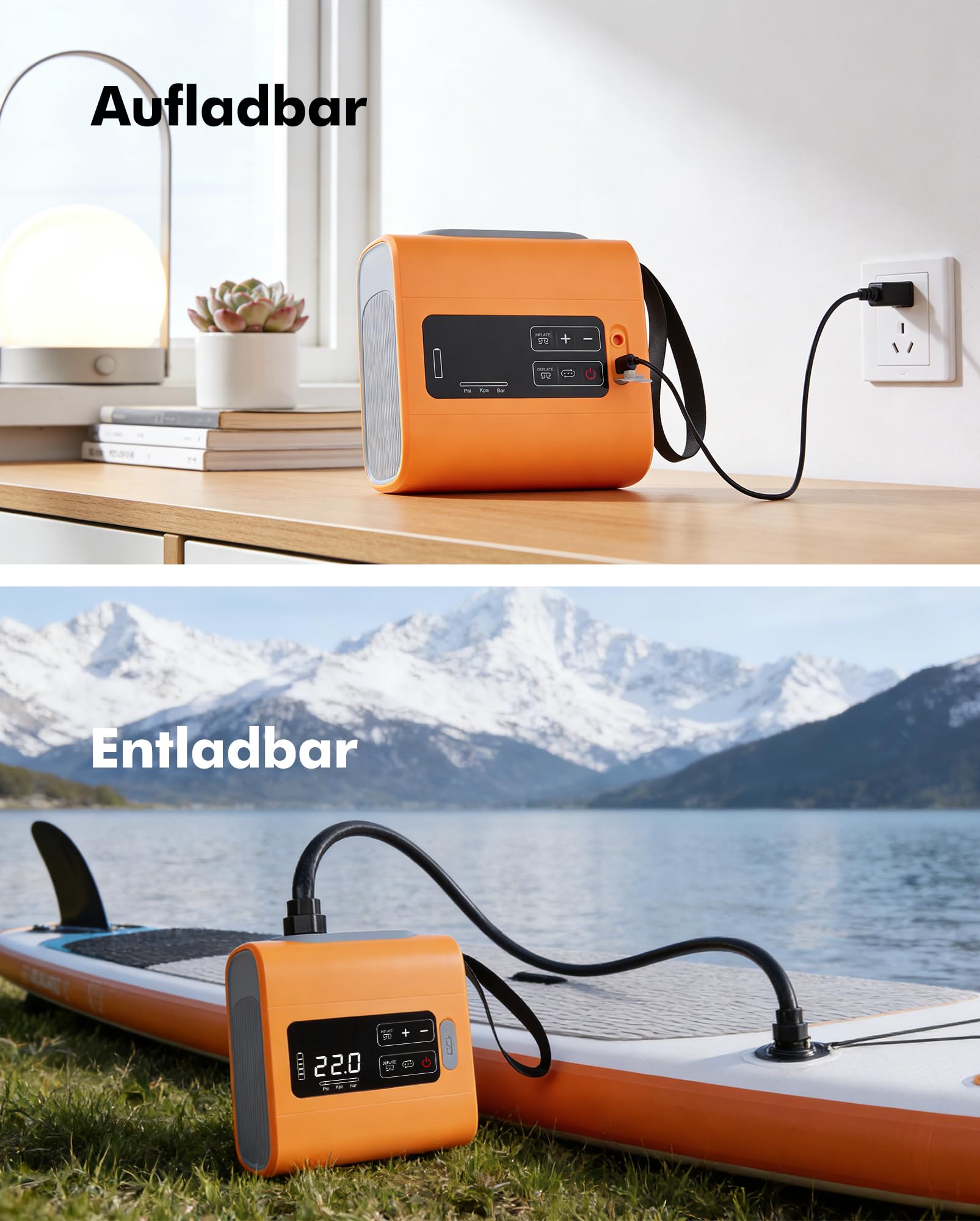 AKSOUL SUP Pumpe Elektrische Akku 22PSI: Wiederaufladbare Sup Motor Luftpumpe mit Sanddicht-Design für Stand Up Paddle Board Luftmatratze Camping Zelt Schlauchboot
