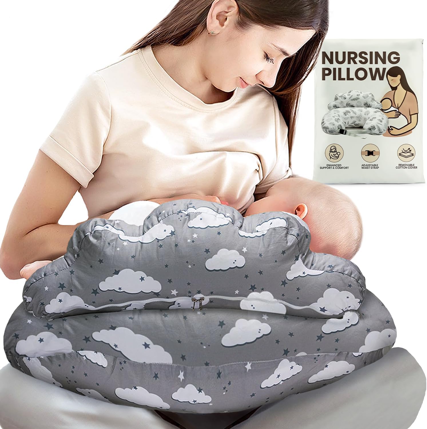 Nursing Pillow – Breastfeeding Pillows with Security Fence for Enhanced Support & Comfort – Removable Cotton Cover, Adjustable Waist Strap, Newborn Essentials Must Haves Baby Registry Search