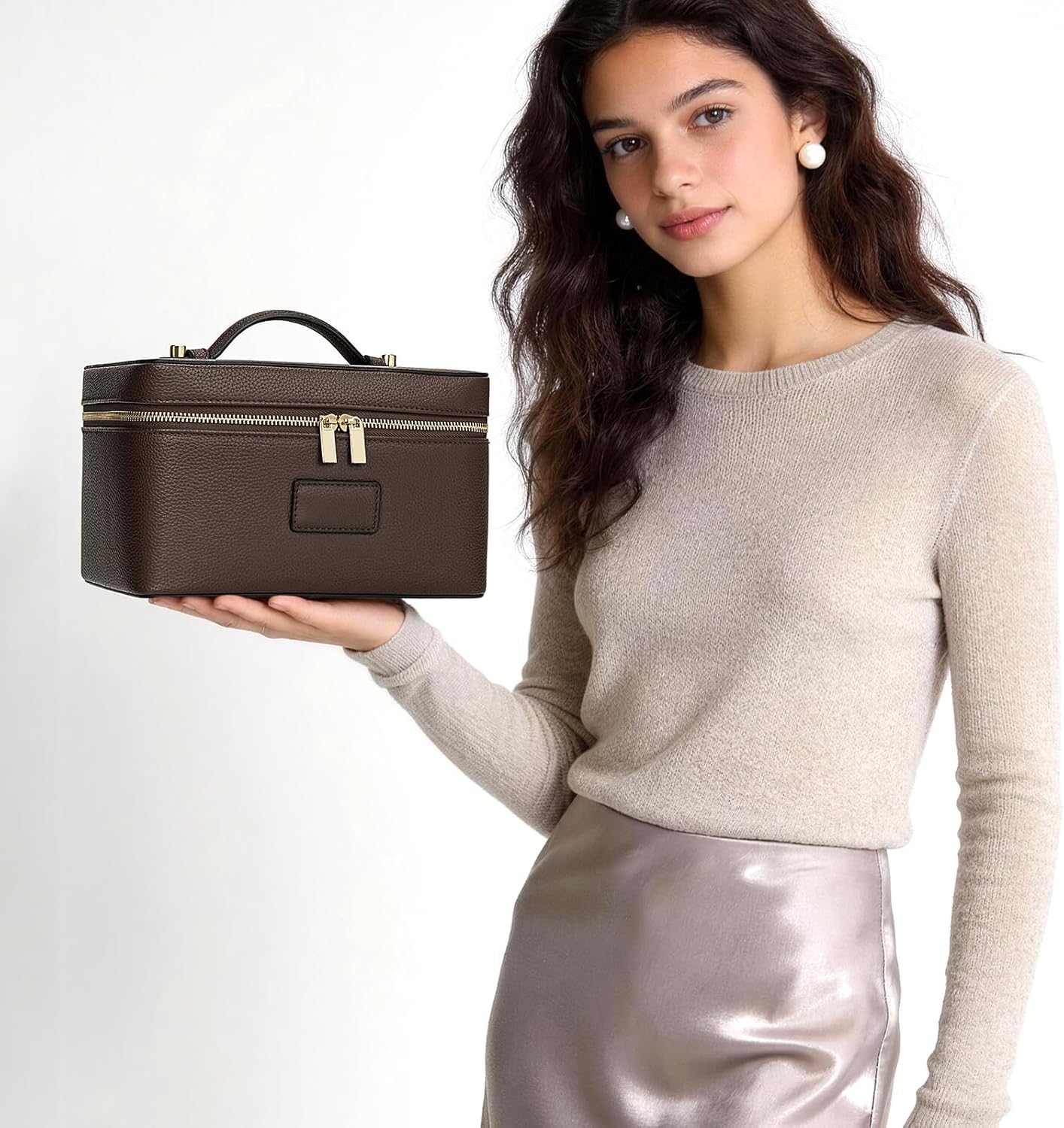 Starnearby Vanity Maquillage Femme en Cuir PU, Trousse de Maquillage Portable Grande Capacité, Trousse de Toilette Voyage avec Compartiment Amovible (Café)