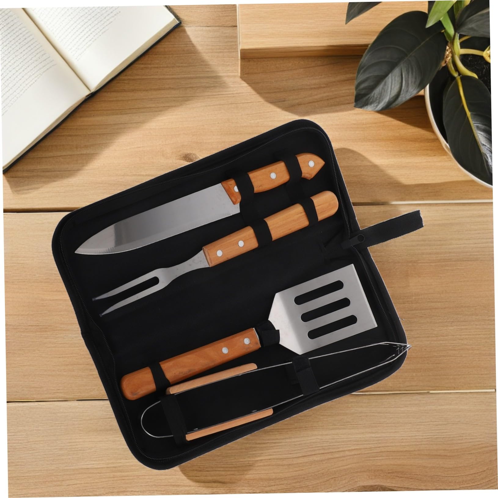 STOBAZA Grillbesteck mit Holzgriff Outdoor Barbecue Werkzeug mit Spatel Zange Fleischschneider Tragbares Grillzubehör mit Praktischem Tragebeutel für Camping und Garten