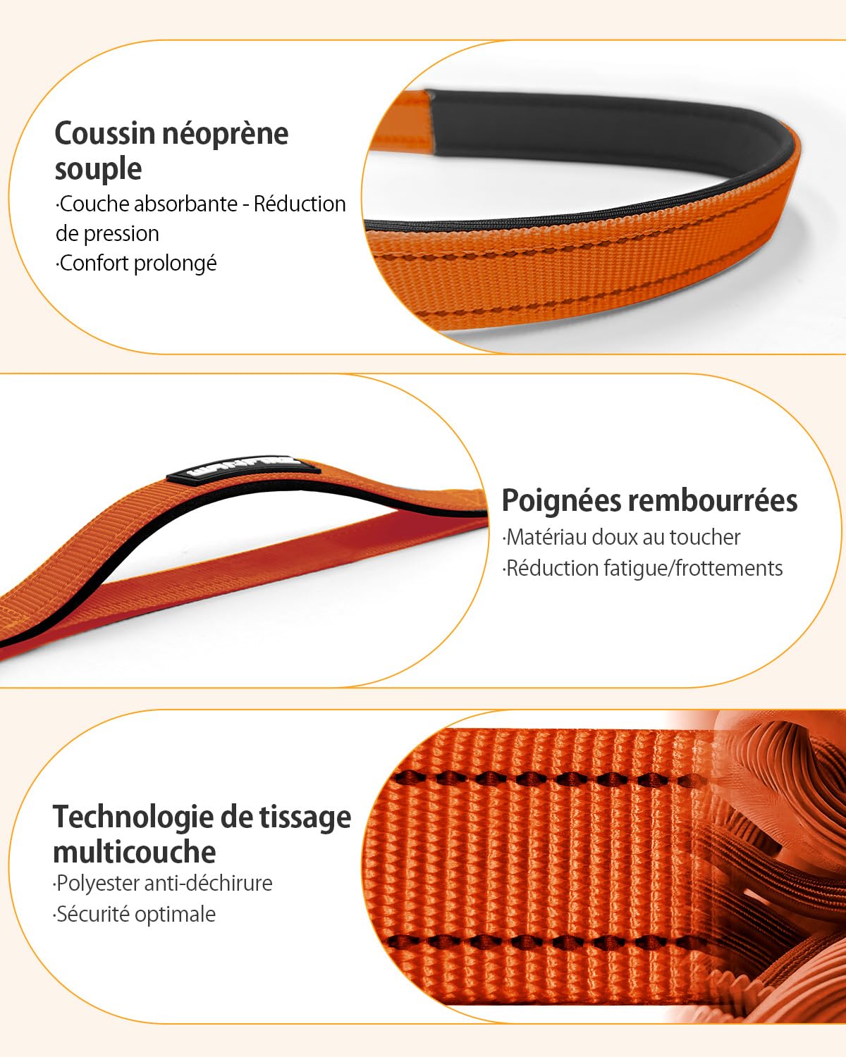 Harnais de Marche Main Libre pour Chien - Laisse Multifonctionnelle Renforcée 2.9m Réglable, Boucle de Sécurité Voiture (Orange)