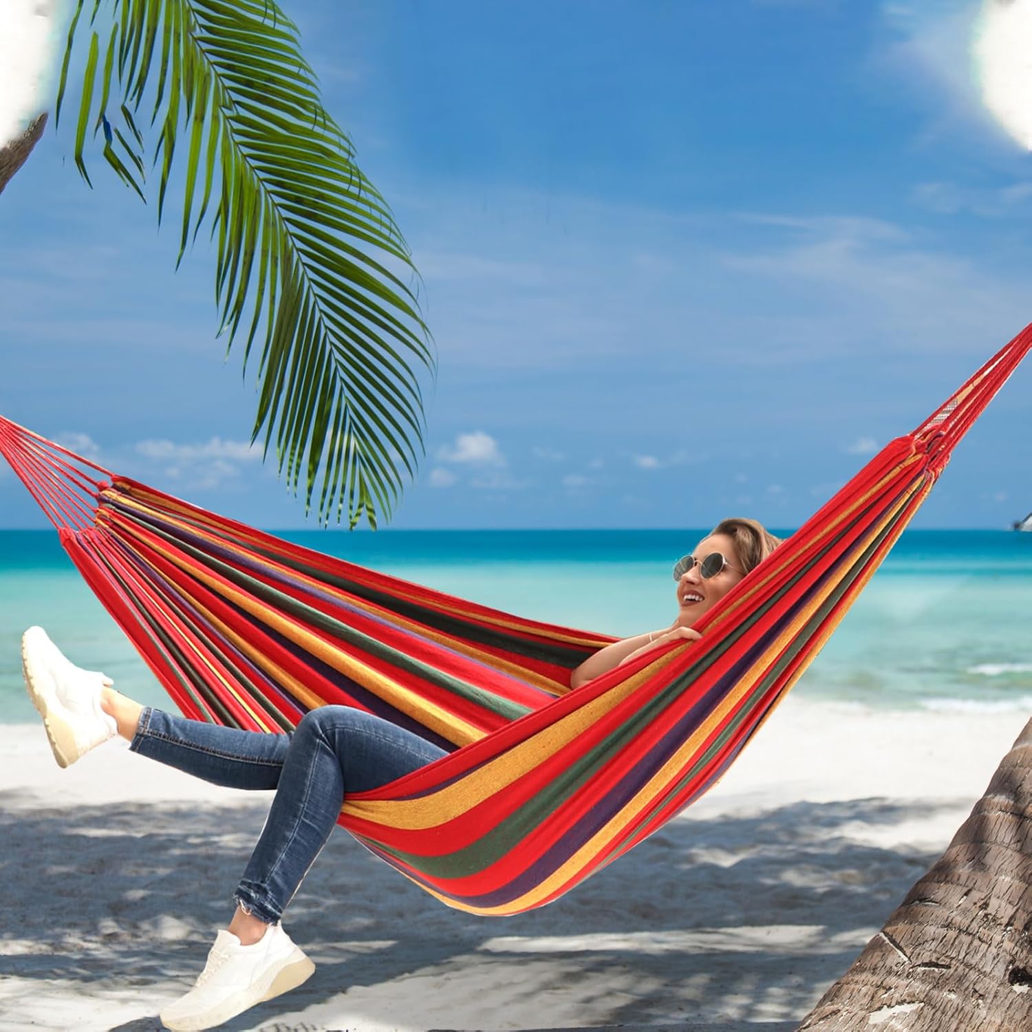 ANYOO Cotton Hammock Portable Camping Hammocks for Hanging Sturdy Garden Comfortable Fabric Hammock with Tree Straps Up to 660lbs with Travel Bag for Camping Outdoor/Indoor Patio Backyard