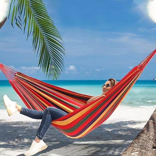 Miniatura 39 de Anyoo - Hamaca de algodón para jardín, con correas para colgar, hasta 660 libras, hamaca portátil con bolsa de viaje, perfecta para acampar al aire
