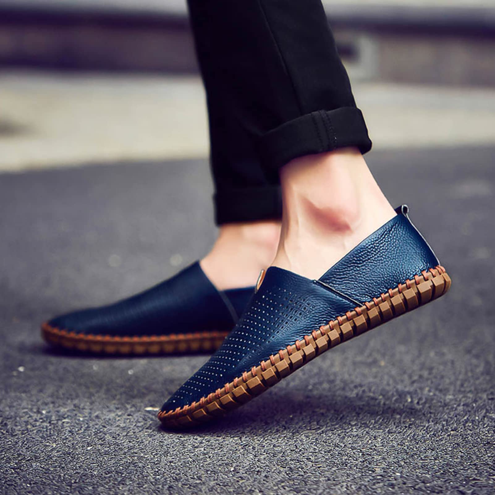 ANUFER Hombres Piel Genuina Mocasines Planos Ponerse Suave Suela Hecha A Mano El Verano Ahuecado Zapatos Casuales de Conducción
