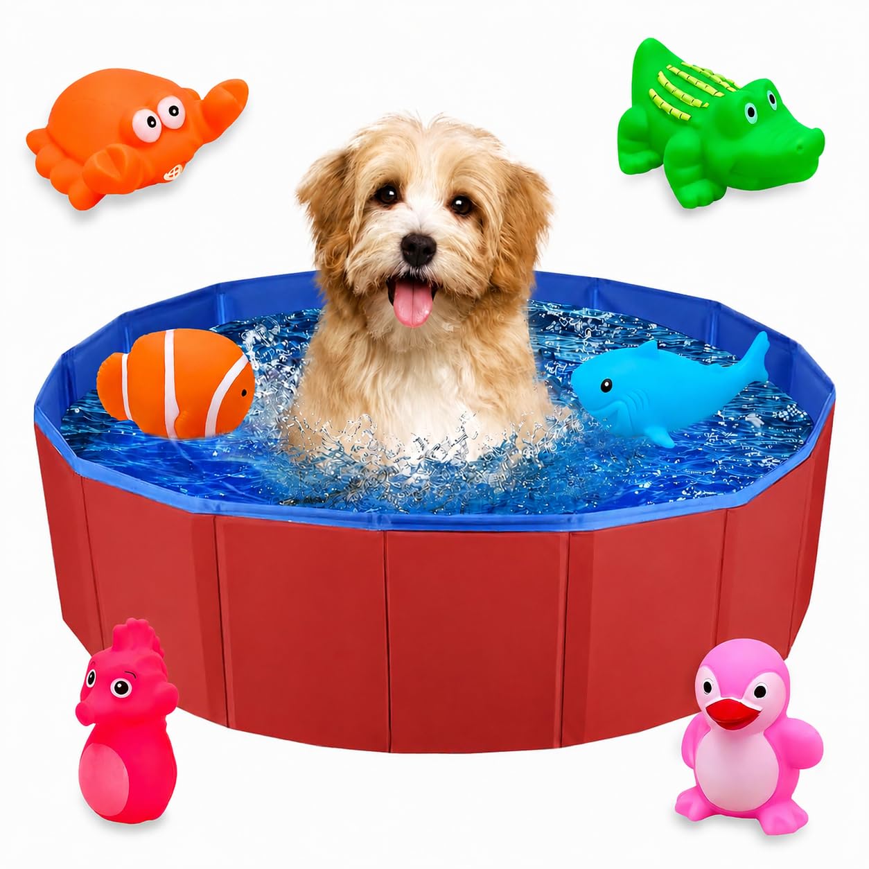 Foldable Dog Pool, Swimming Pool for Dogs, Paddling Pool for Pets, Foldable PVC Dog Pool for Small Dogs, Swimming Pool with 6 Water Toys, Mini Pool for Cats, 50 x 8 cm, 1 Piece