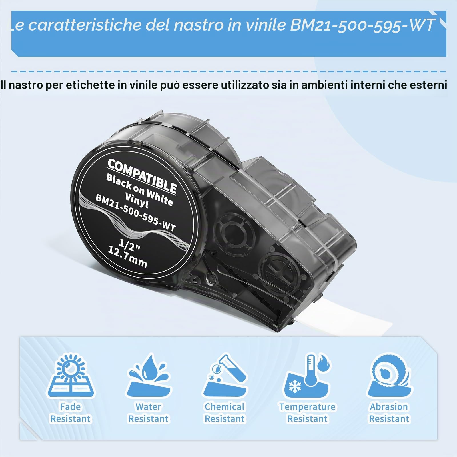 3x MarkField M21-500-595-WT Nastro per Etichettatrice | Compatibile con Vinile Etichettes Tutto il Tempo, Nero su Bianco, 12.7mm x 6.4m