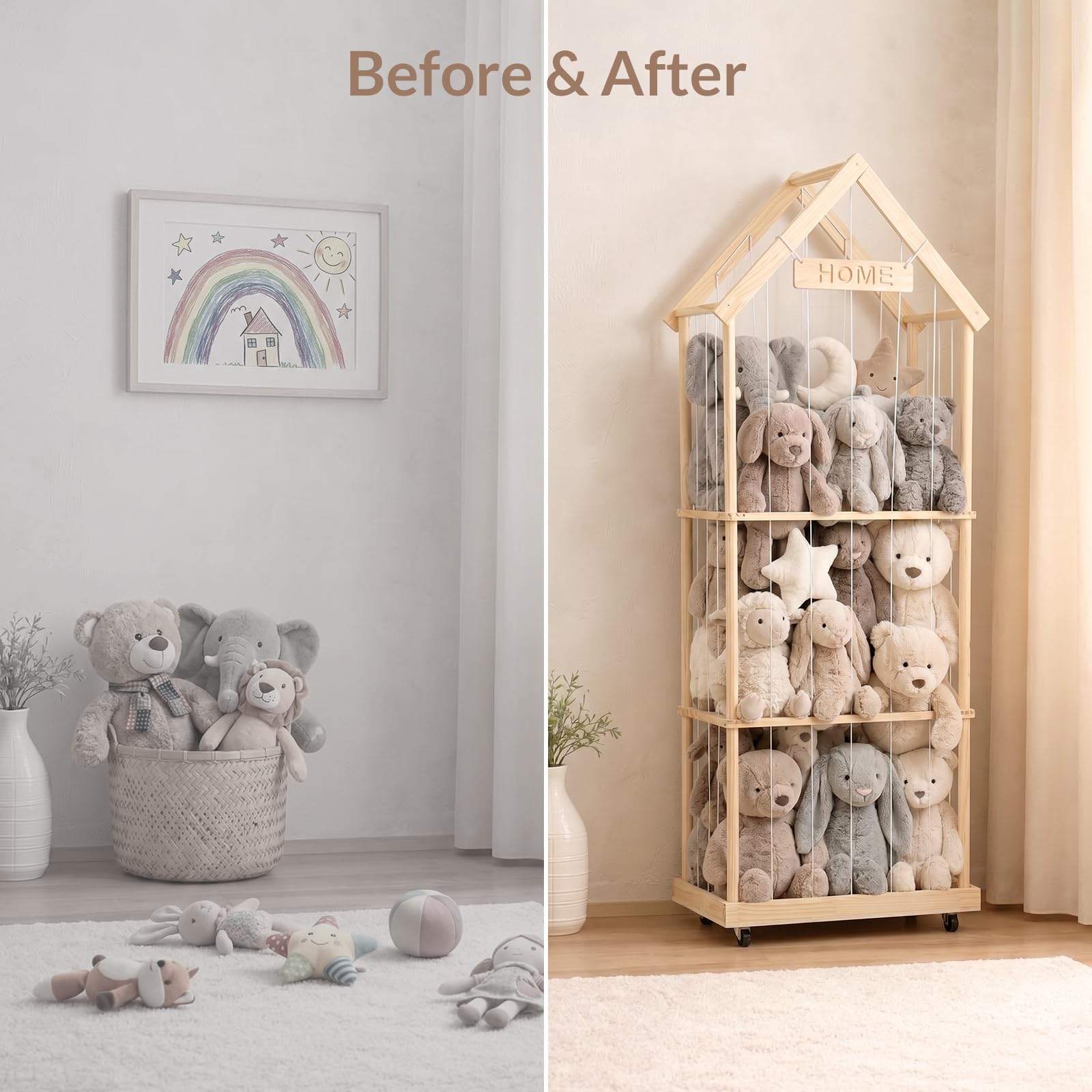 Todeco Organizador Peluches 164x32x58 cm 3 Niveles con Ruedas 360° | Espacio Extra, De Madera, Ahorro de Espacio para Dormitorio y Sala de Juegos