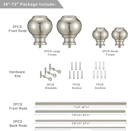 Miniatura 6 de Barras de cortina dobles de 1 pulgada de 36 a 72 pulgadas, barra telescópica ajustable para cortinas de ventana, barras de cortina dobles