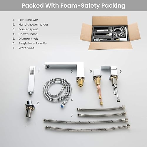Miniatura 9 de KIBI Cubo Grifo de bañera romana de una sola manija con ducha de mano montado en la cubierta de bañera con desviador (cromado) (KTF3102)