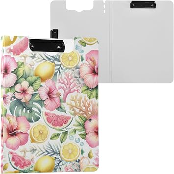 Hibiscus Lemons and Corals Clipboard Folder, Foldable Clipboards with Double Metal Clips & Pen Slot, A3 A4 Paper Binder File Folder