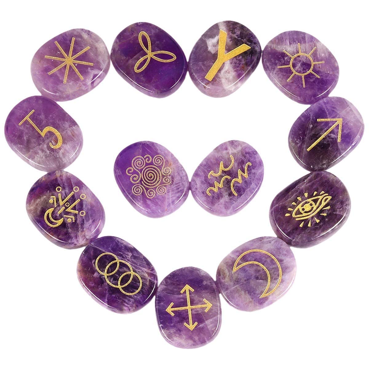 KYEYGWO 13pcs Améthyste Pierre de Rune pour Divination Décoration Méditation, Reiki Pierre Précieuse Gravée Symbole Runique Cristaux