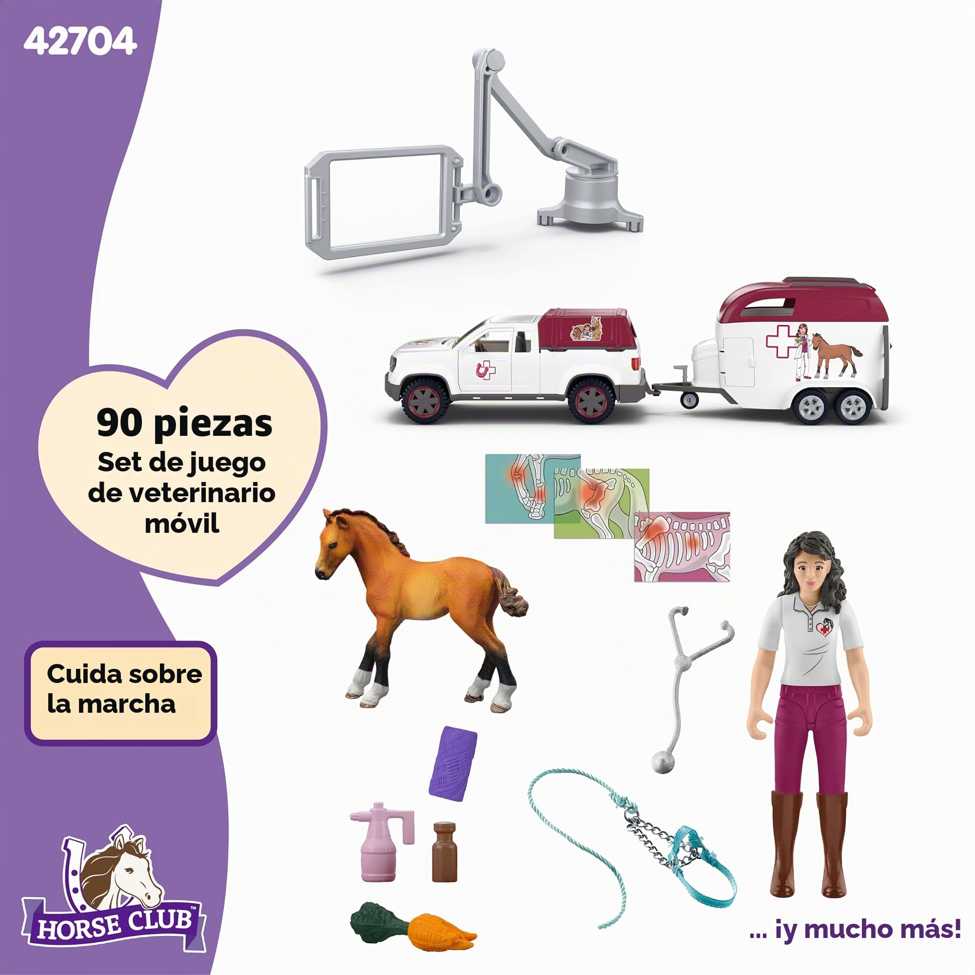 schleich HORSE CLUB | Veterinaria móvil con remolque 42704 | Set con Pick-up y remolque, 1 caballo, figura móvil y accesorios | Regalo ideal para niños y niñas | Juguete a partir de 5 años | 90 piezas
