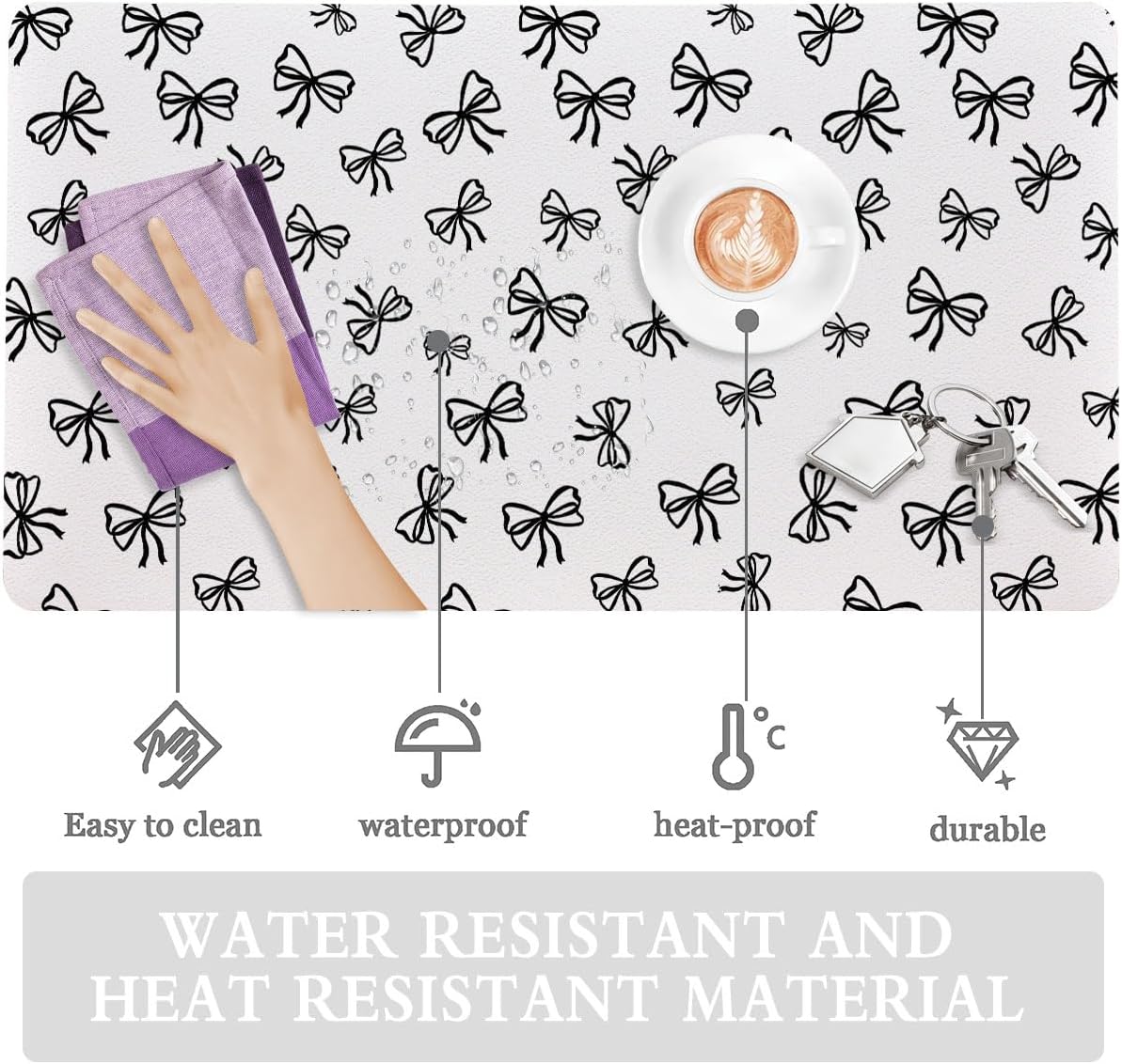 Cute Black Bow White Extended Gaming Keyboard Mouse Pad, Non-Slip Leather Home Office Desk Mat Protector, Laptop Desk Pad Writing Pad