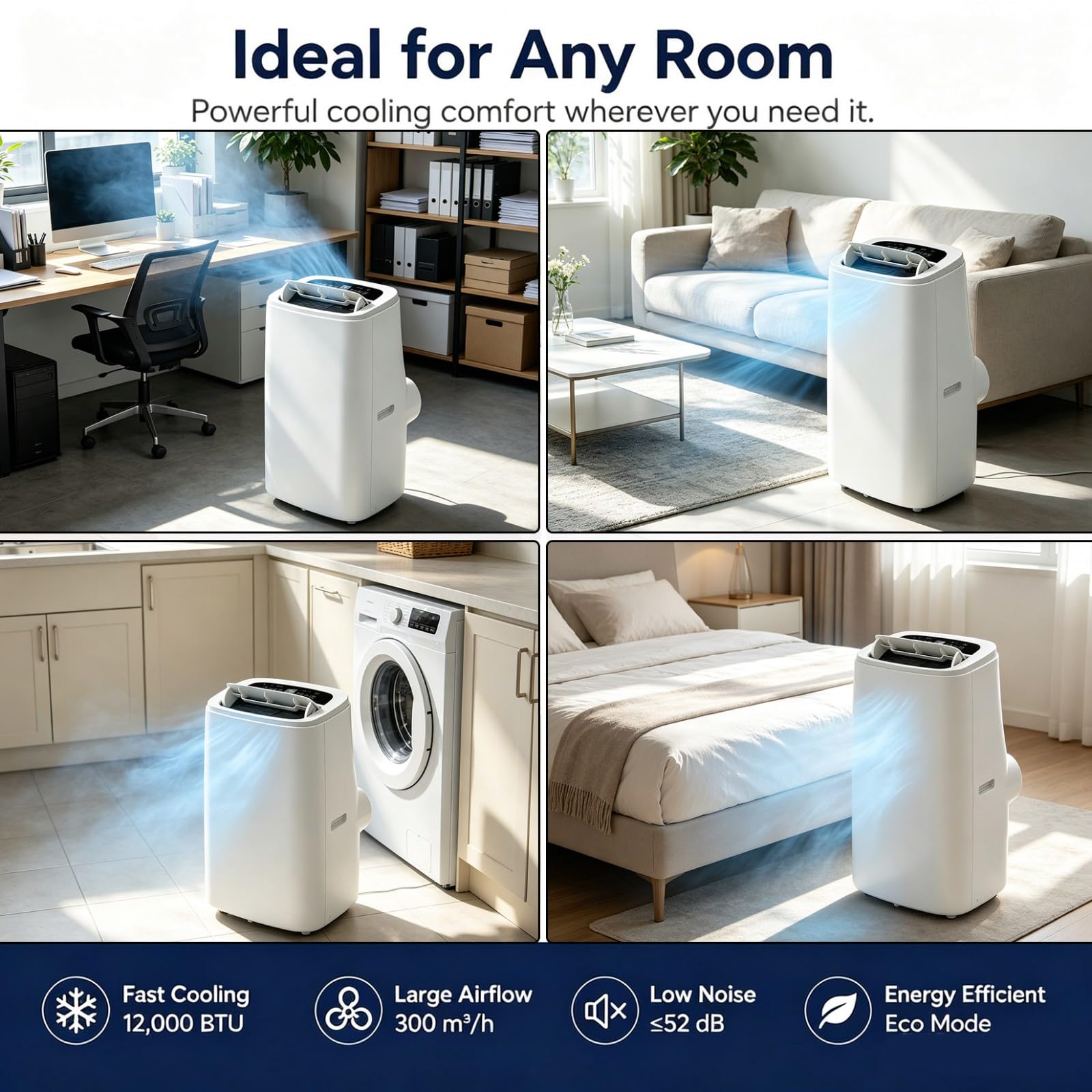 Condizionatore Portatile 18000 BTU con Telecomando unità AC Mobile 4 in 1 per Soggiorno Ufficio Domestico Palestra Raffreddamento Rapido Riscaldamento per Ampi Spazi Fino 350 Piedi B