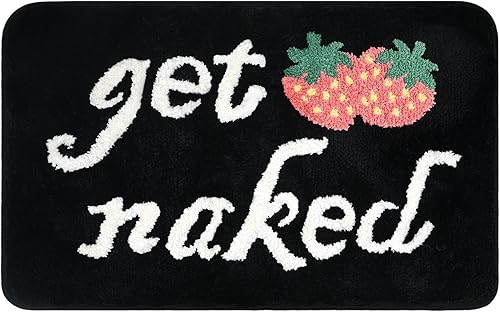Yonchic Get Naked - Tapete de baño con diseño de fresa, bonita y divertida, tapete de baño de 20 x 32 pulgadas, color blanco y negro, absorbente de