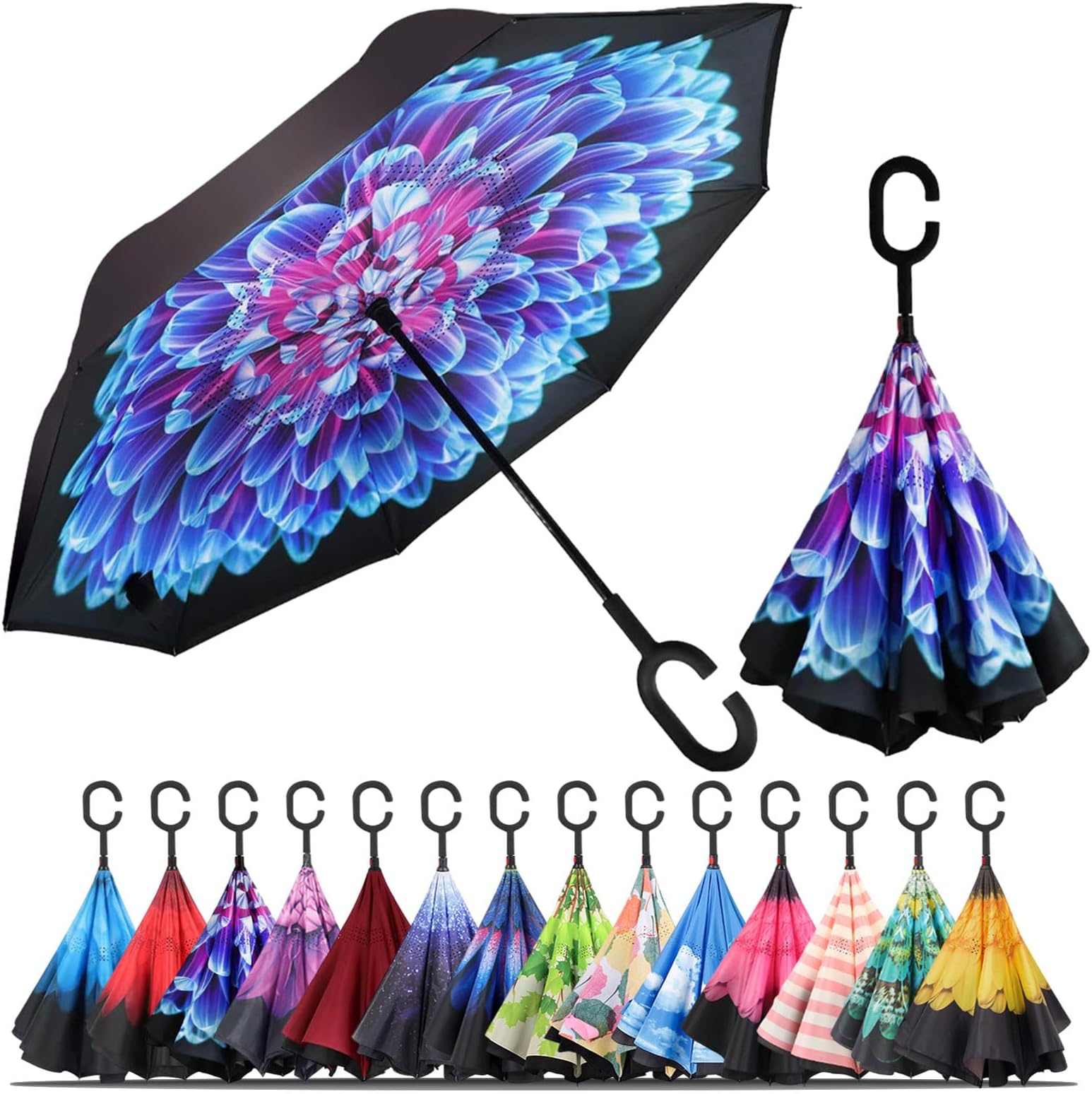 LLanxiry Umbrella,Inverted Reverse Upside Down Umbrellas with C-Shaped Handle, Anti-UV Waterproof Rain Umbrella for Women and Men (blue diamond)
