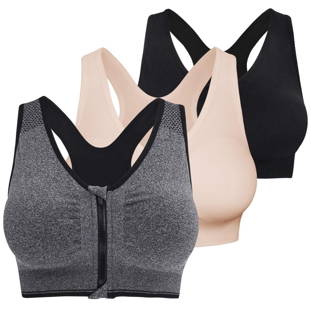 Fapreit Women's Zip Front Closure Sports Bra - Seamless Wirefree Post Surgery Zipper Padded Racerback Workout Gym Yoga Bras 3 Pack (Black, Grey, Purple)