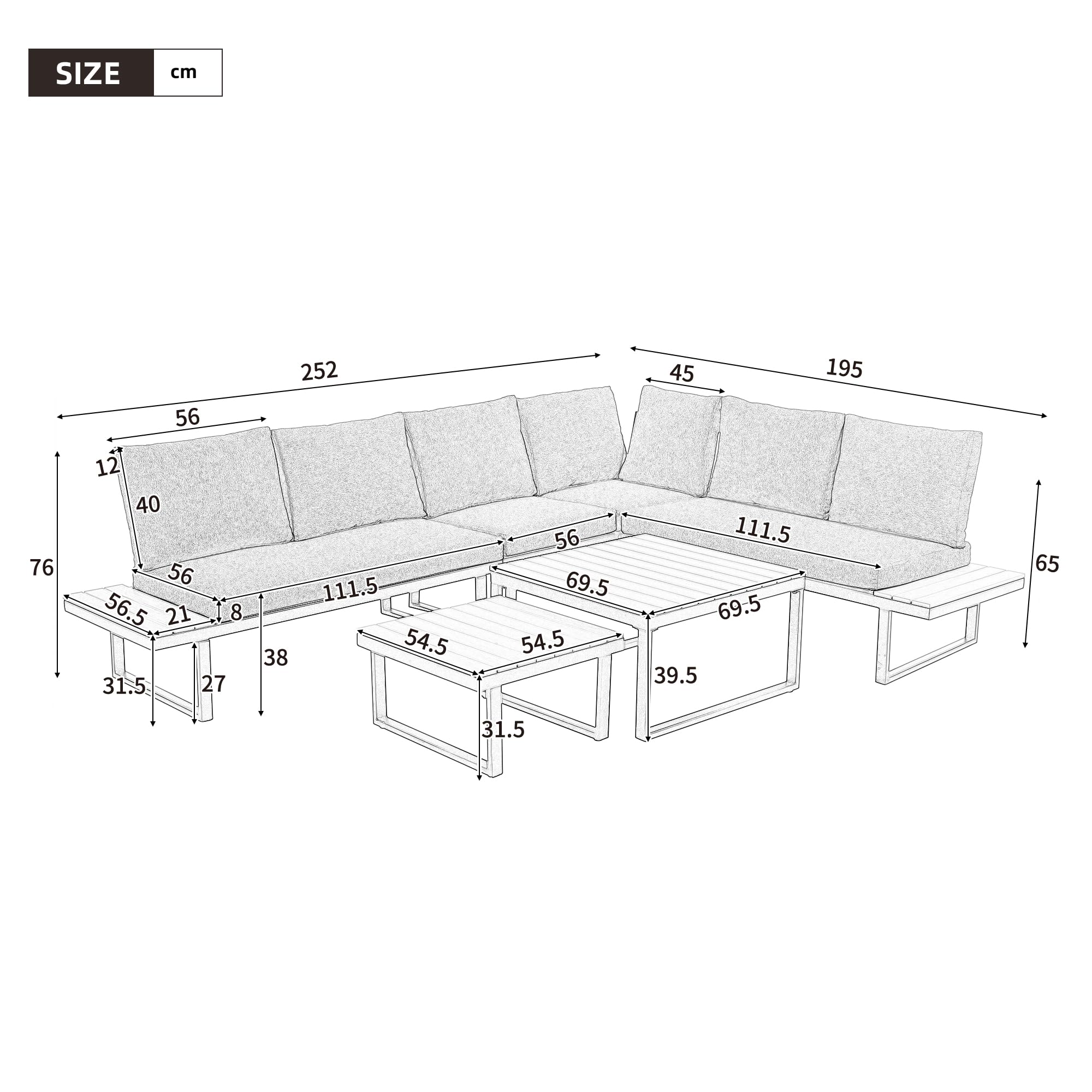 Outdoor Garden Furniture 6/8 People with Adjustable Tilt Function (5 Positions, Up to 55°), Corner Sofa Outdoor Garden with Wooden Top, 2 Low Garden Tables, Beige and Grey - 4