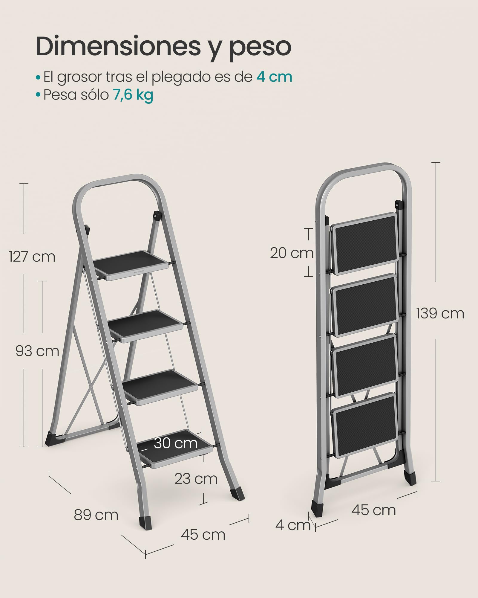 SONGMICS Escalera de Tijera, Escalera con 4 Peldaños, Peldaño Plegable, Bloqueo de Seguridad, Fácil de Guardar, Carga hasta 150 kg, Gris Paloma GSL004G01 — view 6