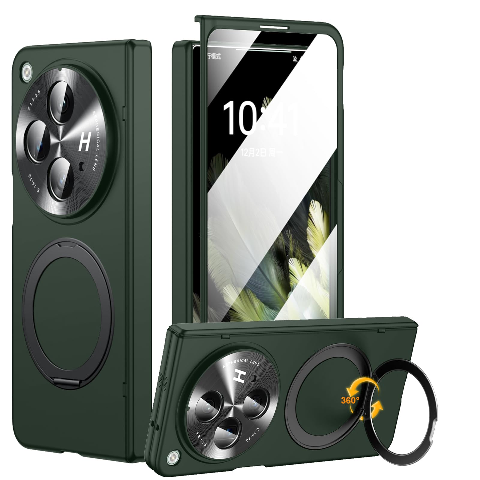zifiuzem for Oneplus Open Case with 360° Magnetic Rotatable Ring Stand, Built-in Screen Protector & Hinge Protection, Thin & Slim Magnetic Stand Phone Case 5G, Green