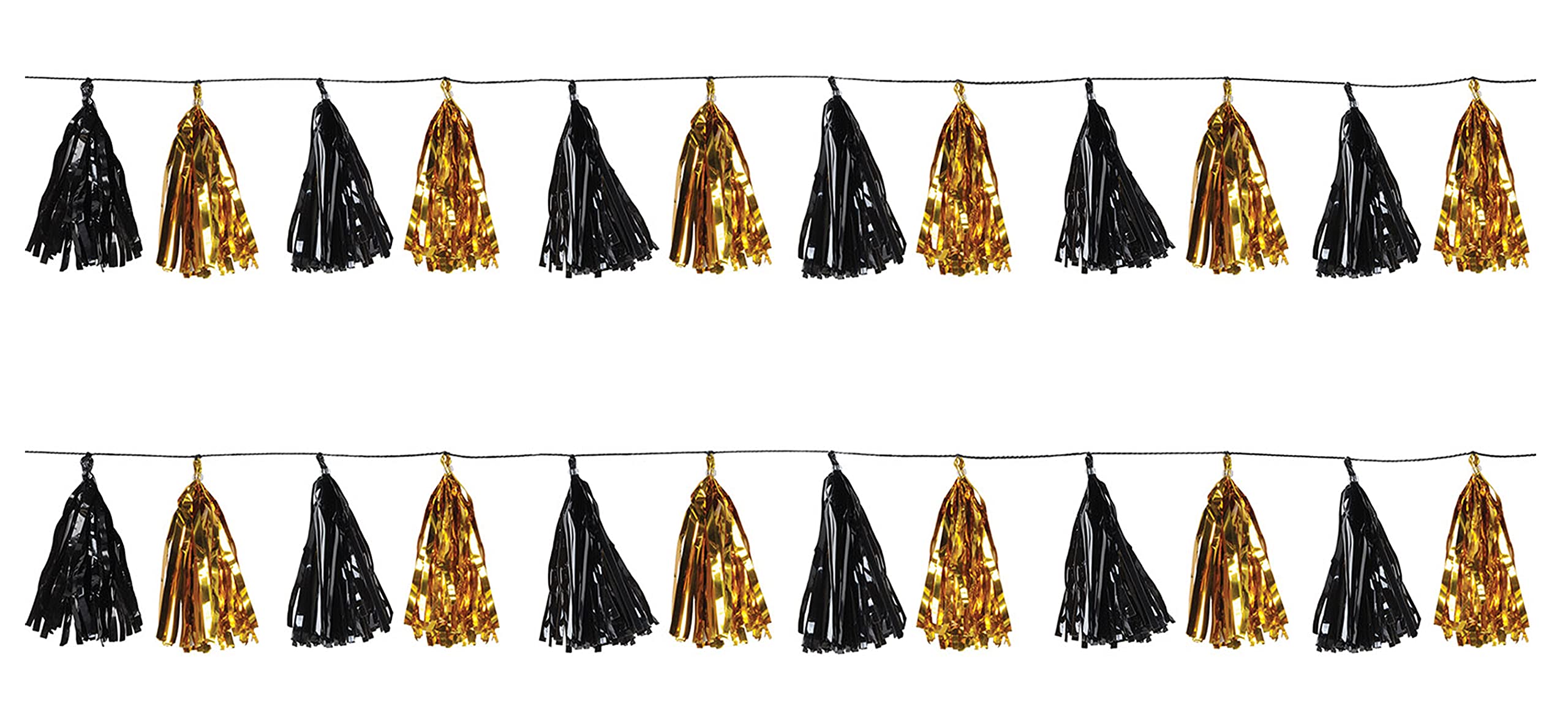 Beistle Metallic Tassel Garlands 59927-BKGD, 2 Stück metallische Quasten-Girlanden, 24,8 cm x 2,4 m, schwarz/Gold