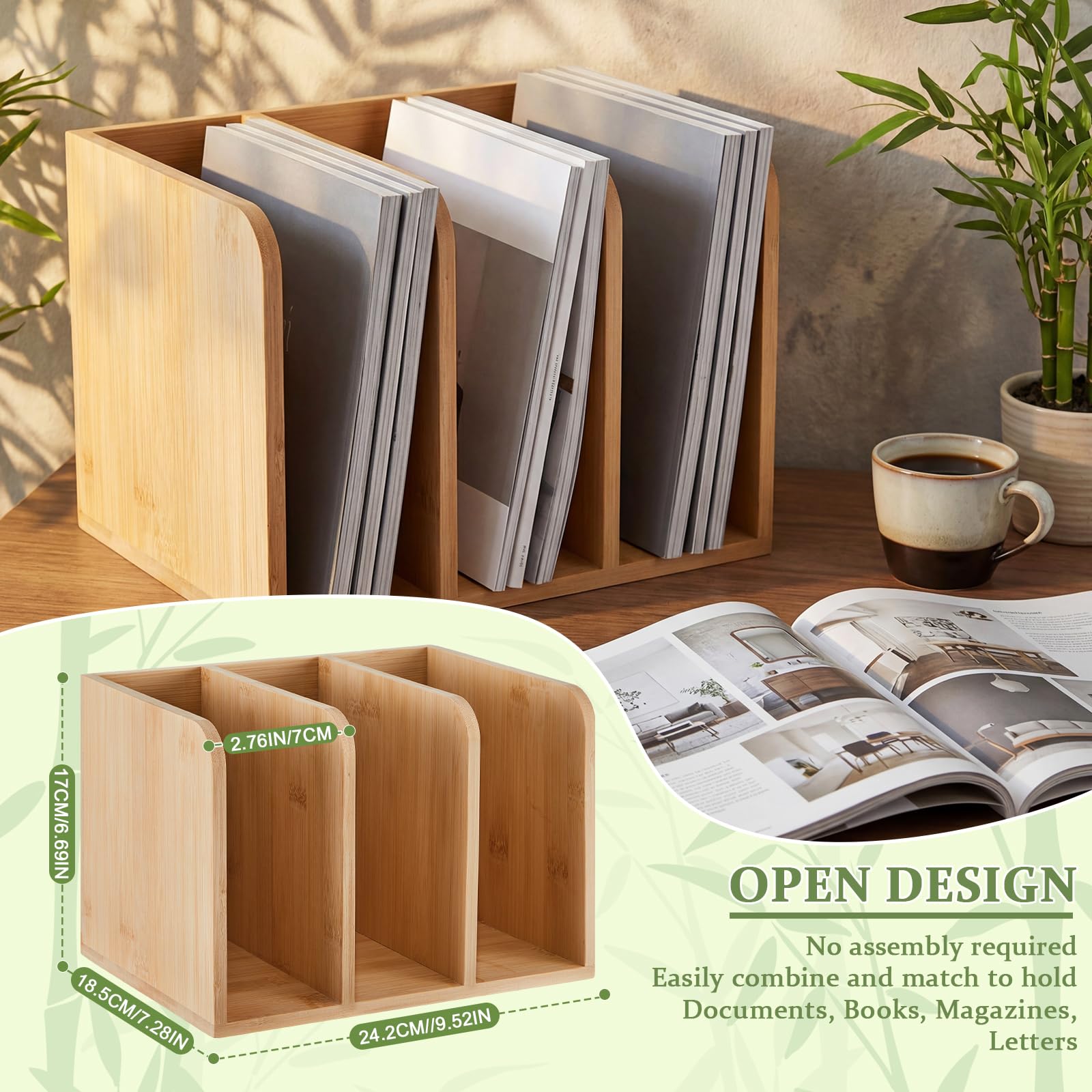 Novabright Organizer da scrivania in legno di bambù, 3 scomparti verticali, per riviste, raccoglitori, quaderni, buste