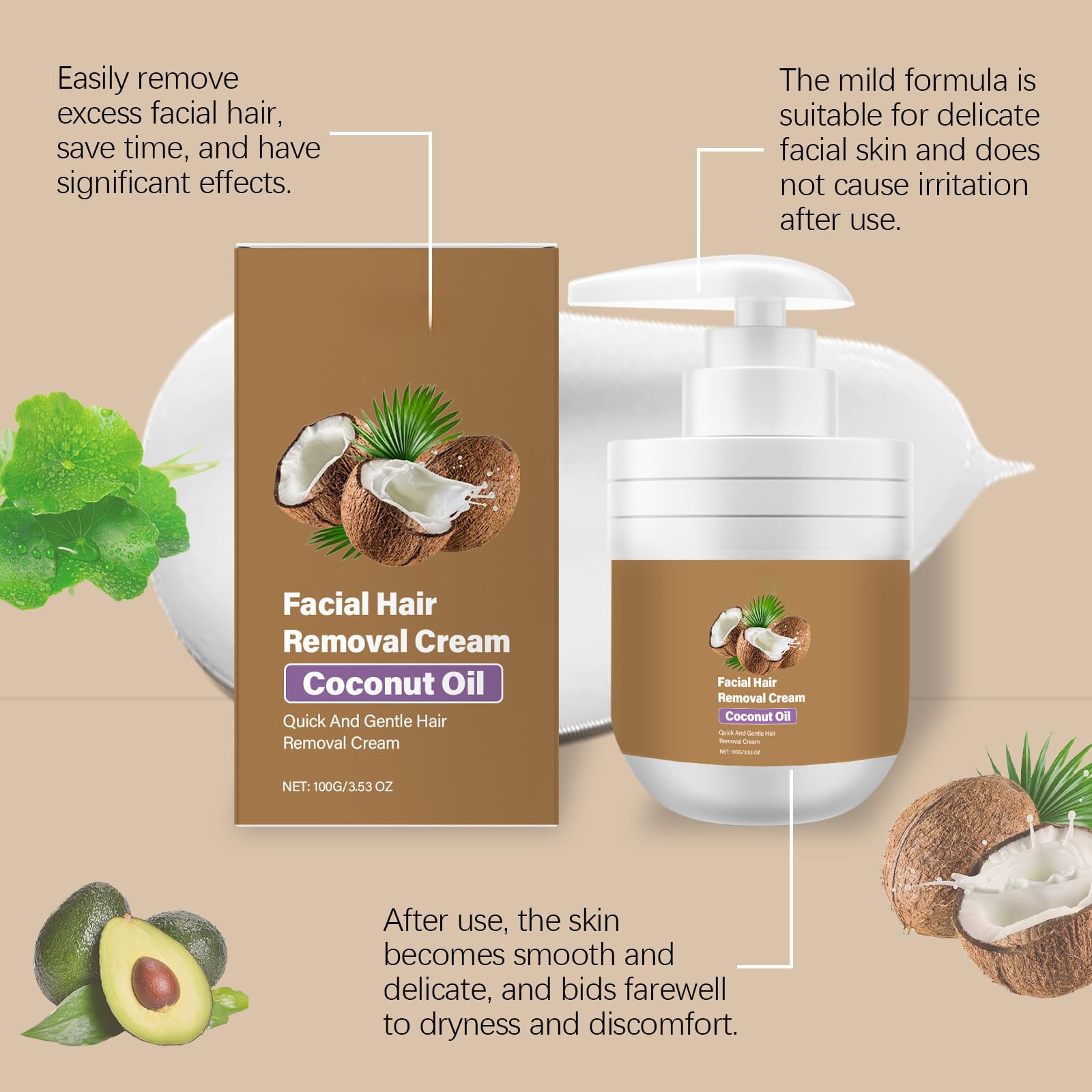 Olio di cocco, crema depilatoria delicata per donne, rimozione dei capelli senza dolore per viso e corpo, pelle liscia veloce e a lunga durata, delicata sulla pelle (8 pezzi)
