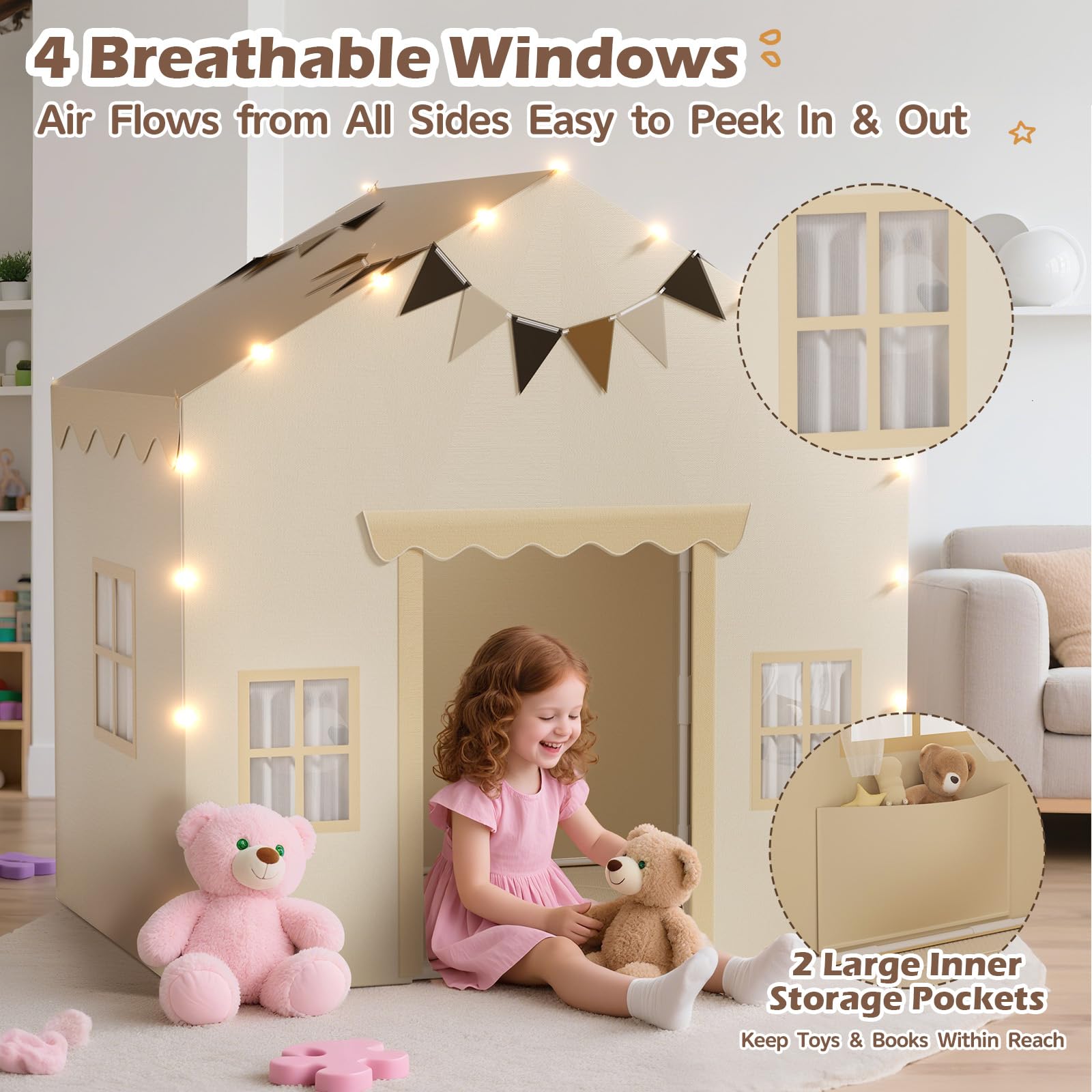 EagleStone 2-in-1 Kinderzelt mit Sternenlicht & gepolsterter Matte, Spielzelt und Bettzelt für Kinder Indoor & Outdoor, 2 Türen, 4 Fenster, 2 Seitentaschen, Geschenk für Jungen & Mädchen ab 3 Jahre