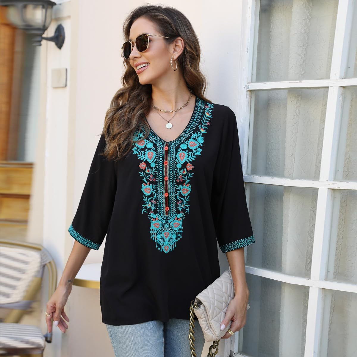 AK Embroidered Tops for Women 3/4 Sleeve Traditional Mexican Shirts V Neck Boho Floral Peasant Tops Loose Tunic Blouses - Image 4