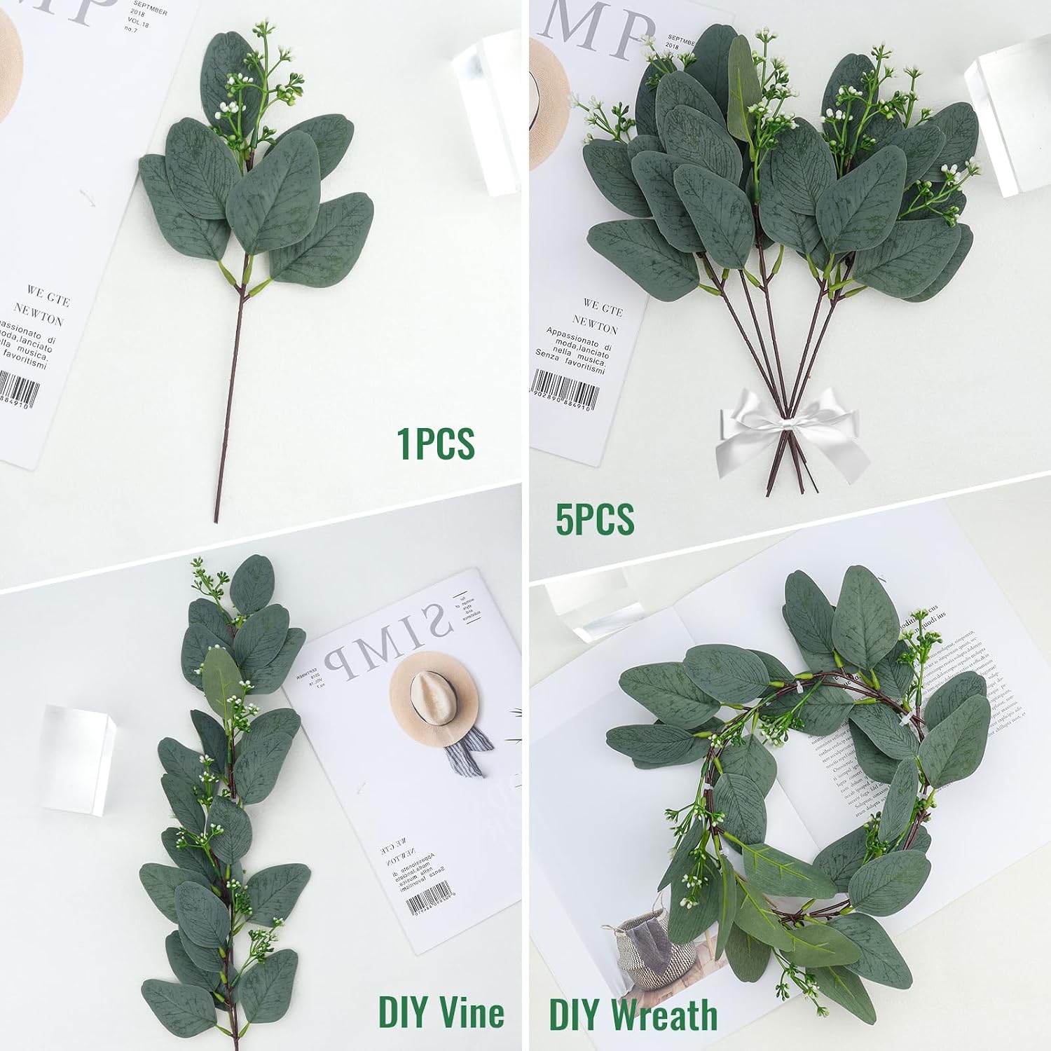 Artificial Eucalyptus Stems, Faux Eucalyptus Leaves Stems Fake Eucalyptus Branches for Wedding Bouquet Home Decor (Fruiting Oval Leaf 20pcs)