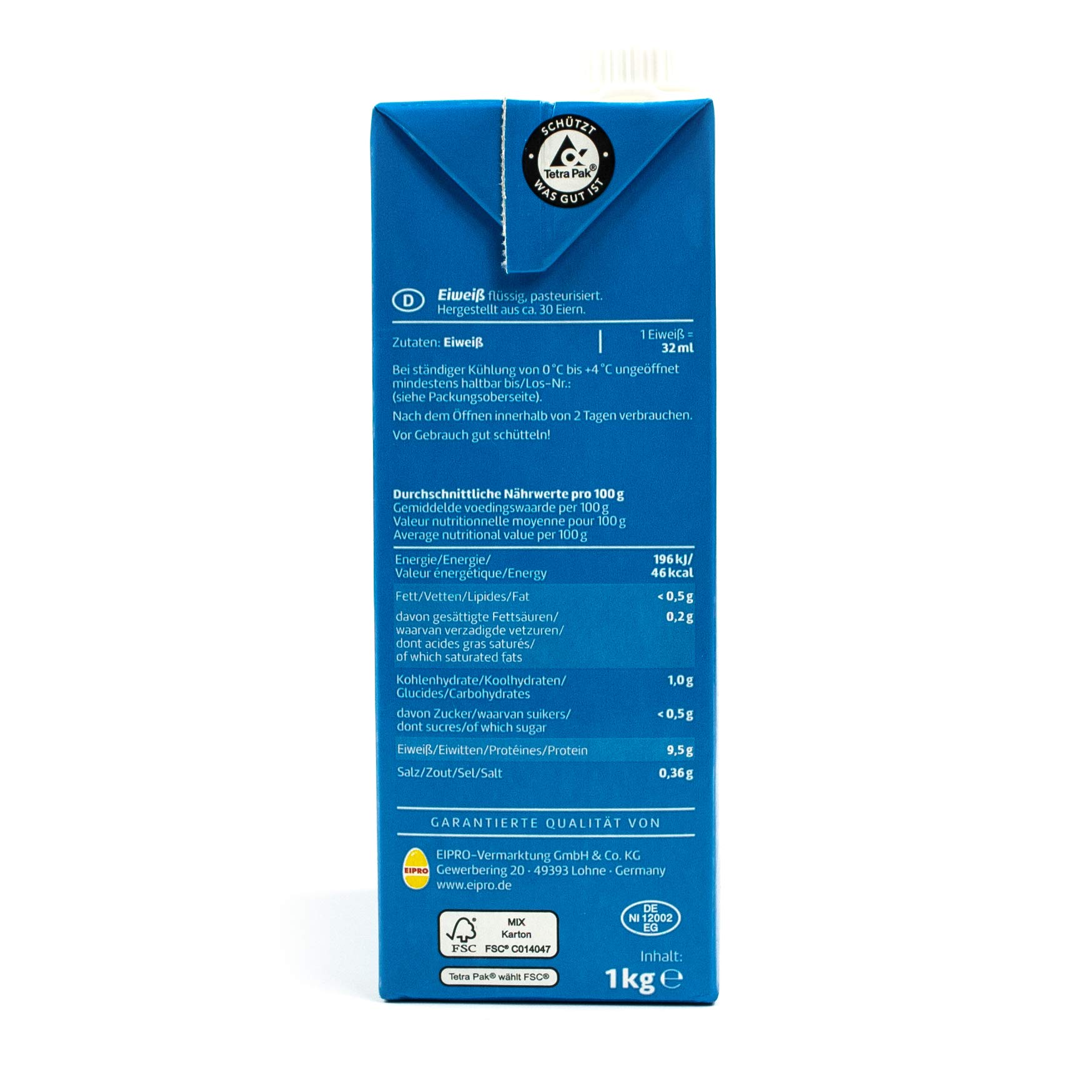 Eifix - 12er Pack Eiweiß flüssig hergestellt aus ca. 30 Eiern 1 kg Packung - Eipro flüssiges Eiklar Eiweiss flüssig ohne Konservierungsstoffe ideal zum Kochen und Backen (pasteurisiert Egg White)
