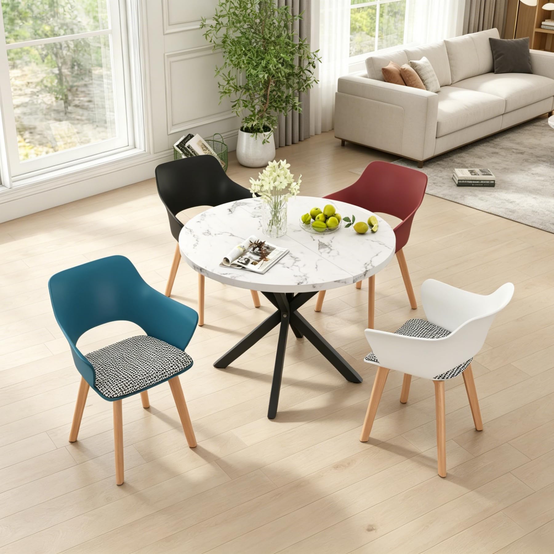 Mesa redonda comedor 100x100 para cenas familiares en salas de estar compactas con sillas vivas